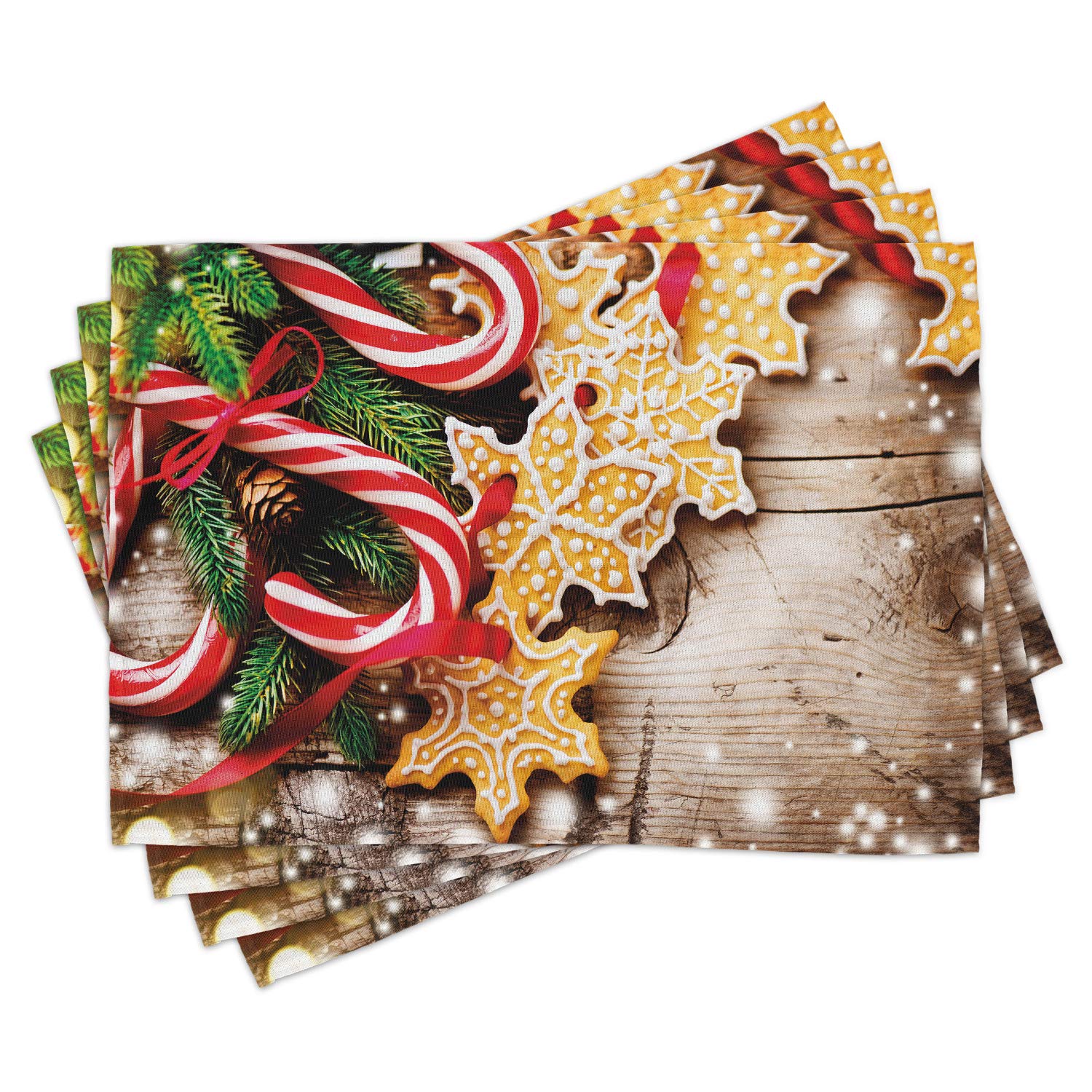 Ambesonne Christmas Place Mats Set of 4 - Holiday Table Decor with Cookies and Candy Canes Design on Wooden Tree Board - Washable Fabric Dining Table Mats in Brown Red Green - Perfect for Christmas Dinner, Winter Party Decorations & Seasonal Home Decor