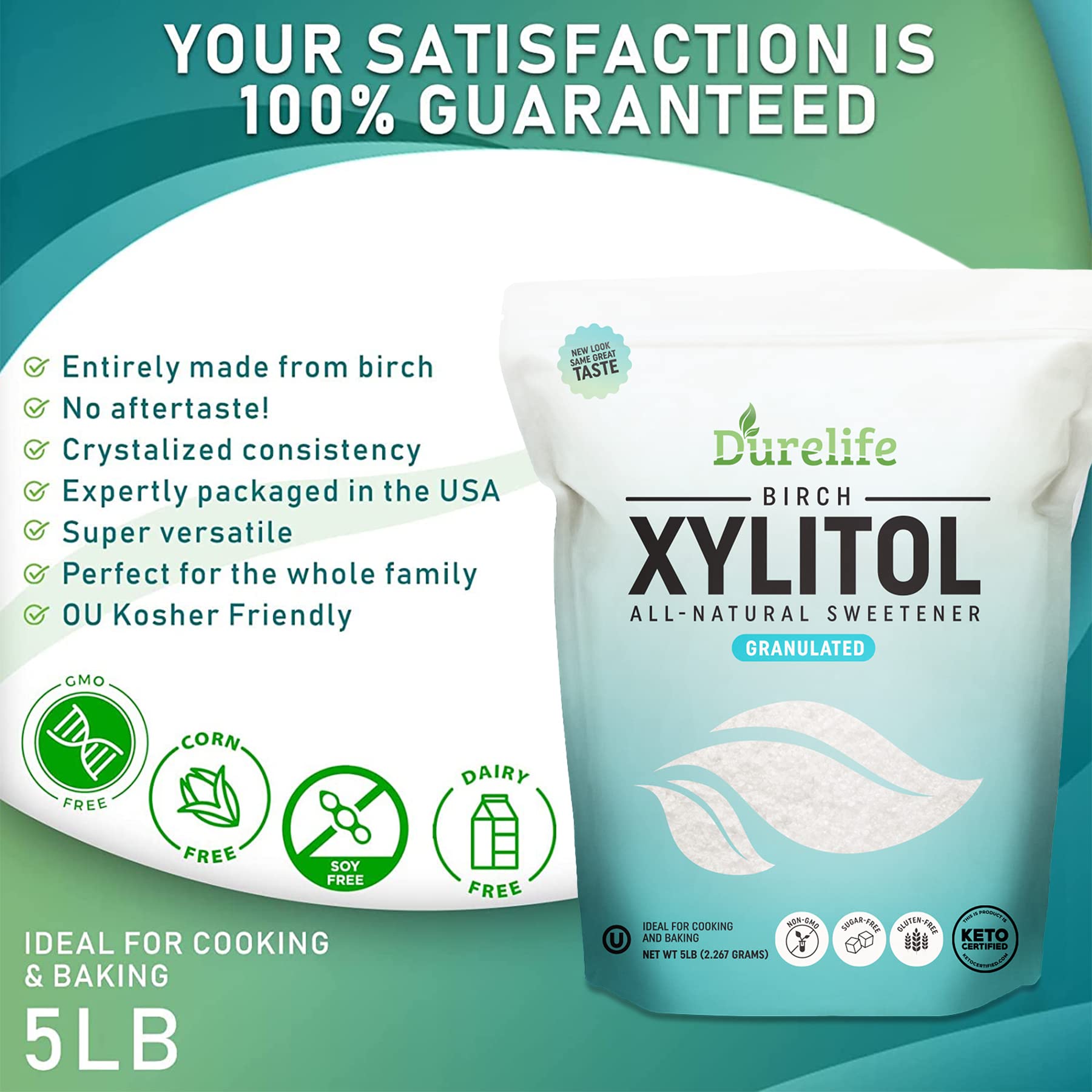 DureLife XYLITOL Sugar Substitute 2.5 LB (40 OZ) - 100% Pure Birch Xylitol, Non-GMO, Gluten-Free, Kosher - Natural Sugar Alternative for Baking, Coffee & Healthy Lifestyle