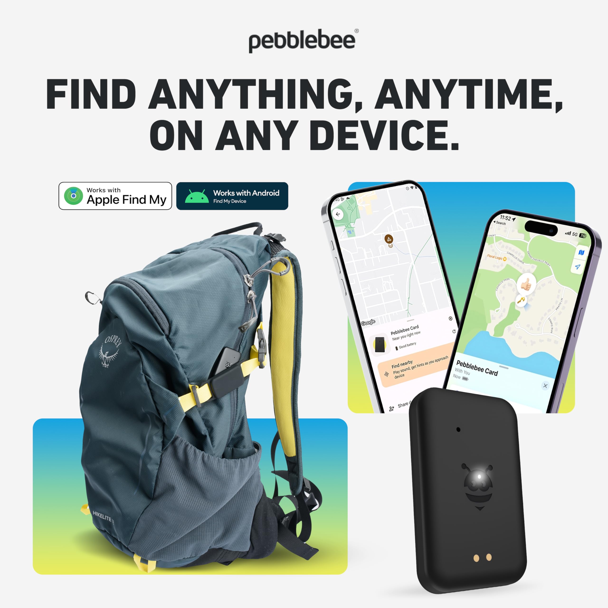 Pebblebee Tracker - Rechargeable Mini Bluetooth Item Finder for Keys, Wallets & Luggage | 8-Month Battery Life | Works with iOS Find My & Android Smartphones | LED Light & Sound Alerts | Perfect for Travel, Office & Daily Essentials Tracking