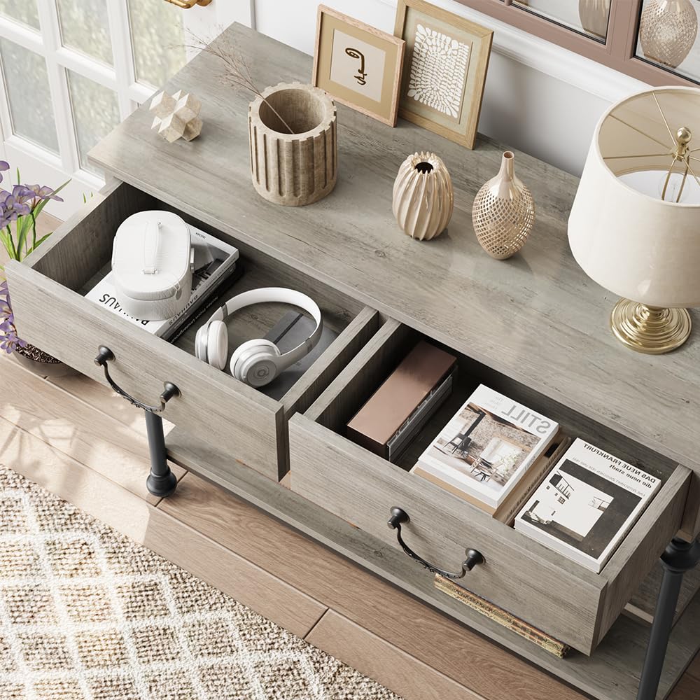 IDEALHOUSE Rustic Grey Small Entryway Table with 2 Drawers & Storage Shelves - Narrow Console Table for Living Room, Hallway, Sofa | Perfect for Home Entry Organization & Decorative Display