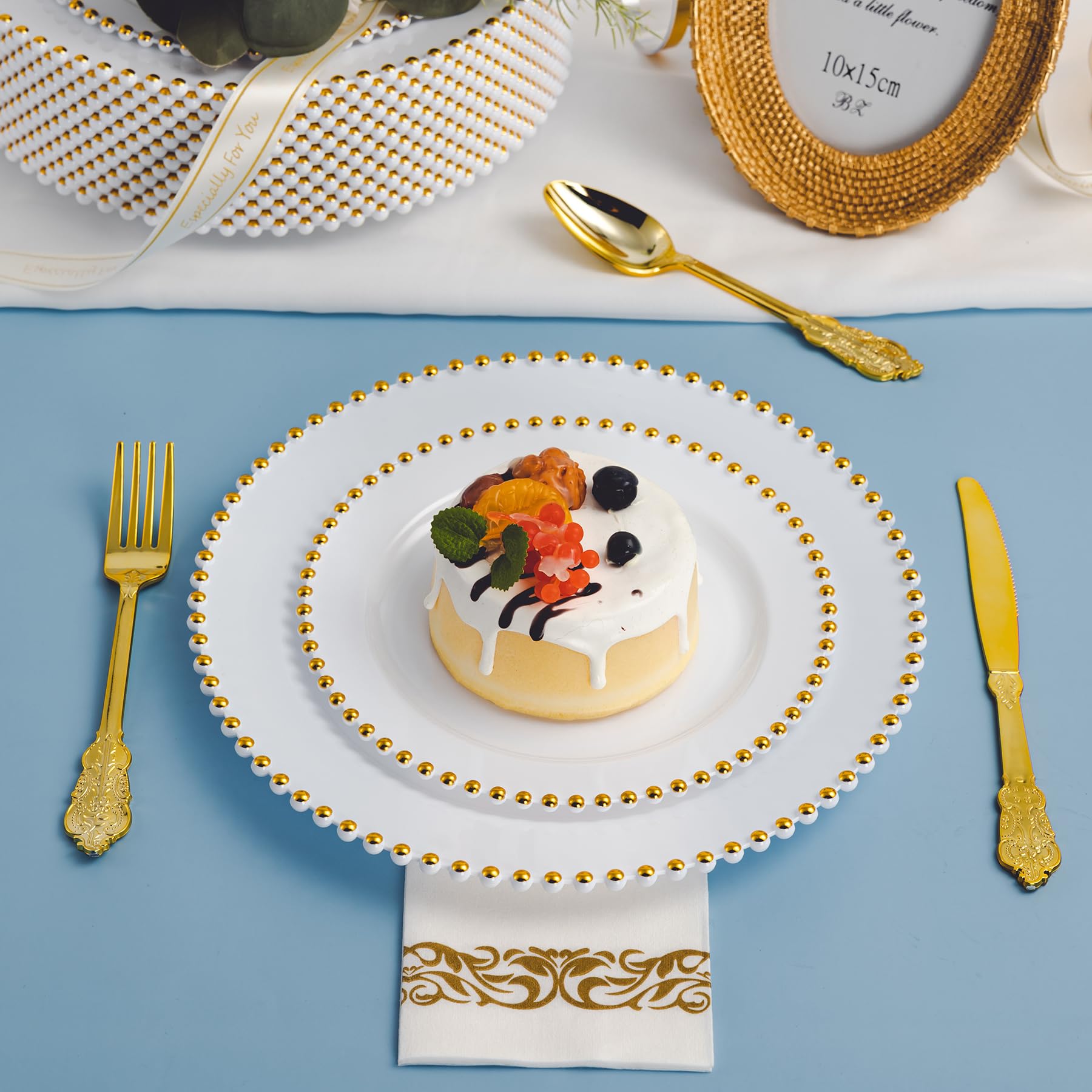 75-Piece Gold Plastic Dinnerware Set with Beaded Rim - 15 Dinner Plates, 15 Dessert Plates, 15 Forks, 15 Spoons, 15 Knives - Heavy Duty Disposable Tableware for Parties, Weddings & Special Events - Elegant & Durable for Catering, Banquets & Home Entertaining