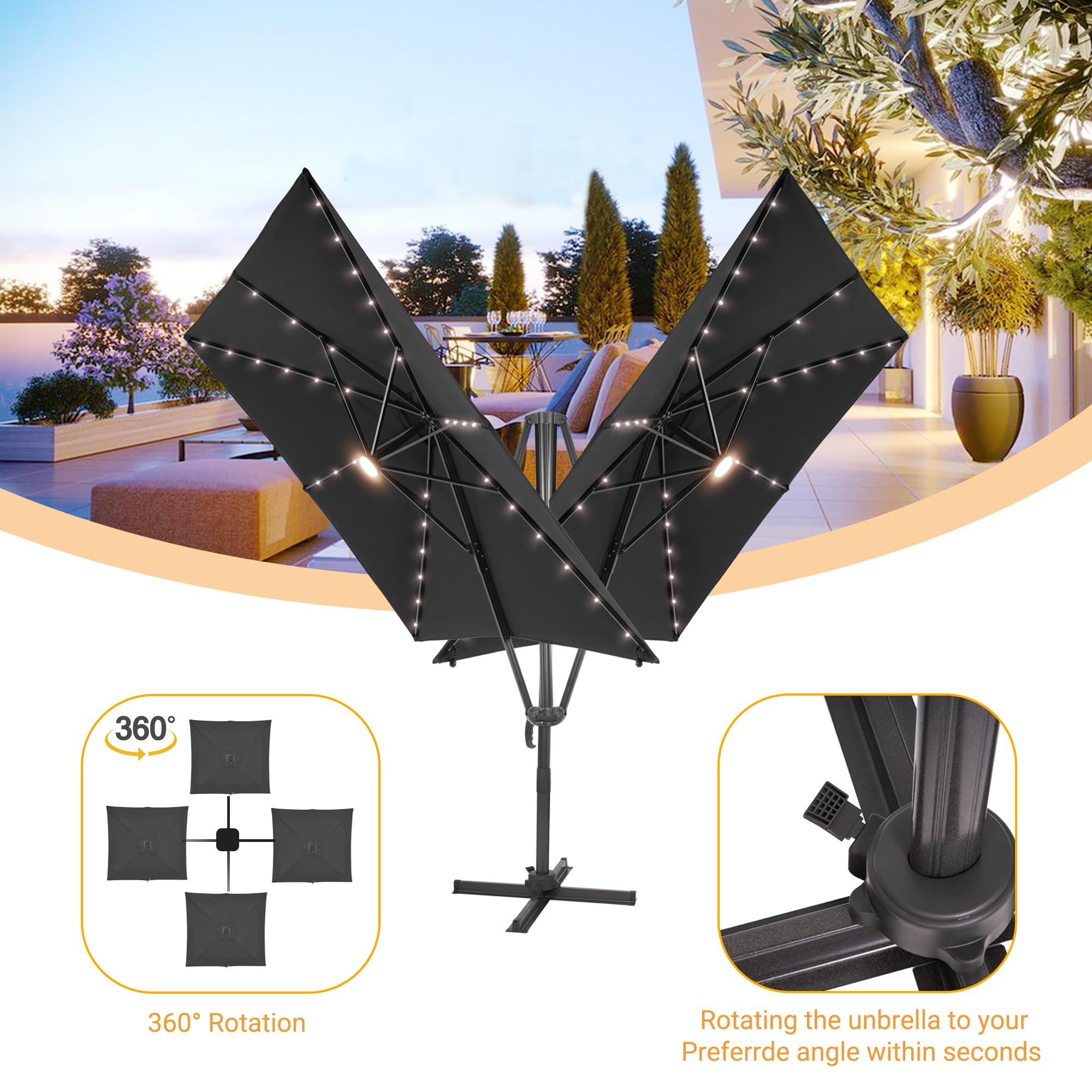 FLAME&SHADE 10x8FT Outdoor Cantilever Patio Umbrella with Solar LED Lights - 360° Rotating Aluminum Offset Square Sun Shade for Pool, Backyard, Garden - Perfect for Outdoor Dining, Lounging & Entertaining
