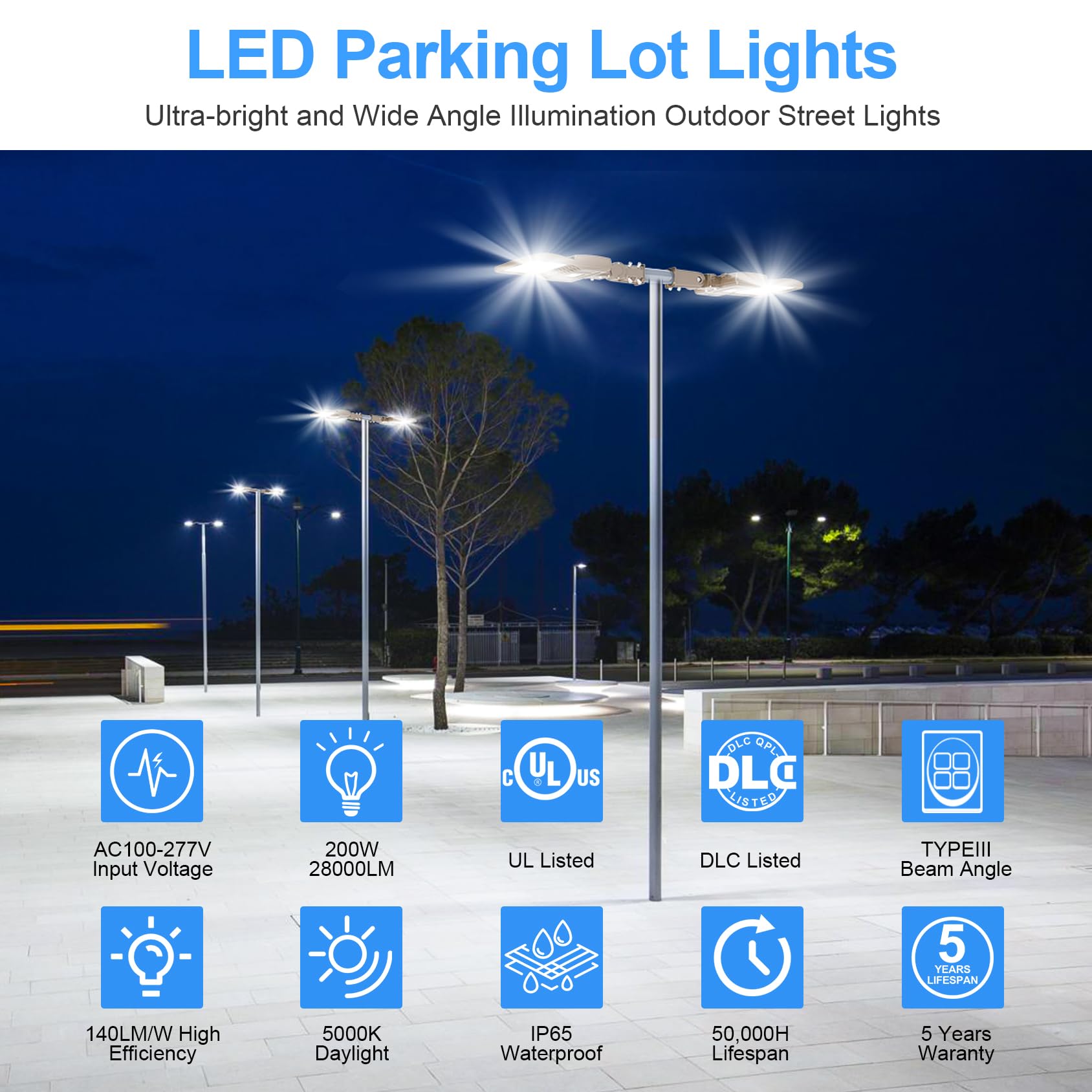 200W LED Shoebox Light Fixture - 28,000LM 5000K Bright White - UL & DLC Listed - IP65 Waterproof - 100-277V AC - Commercial Outdoor Pole Light - Perfect for Parking Lots, Stadiums, Roadways & Street Lighting