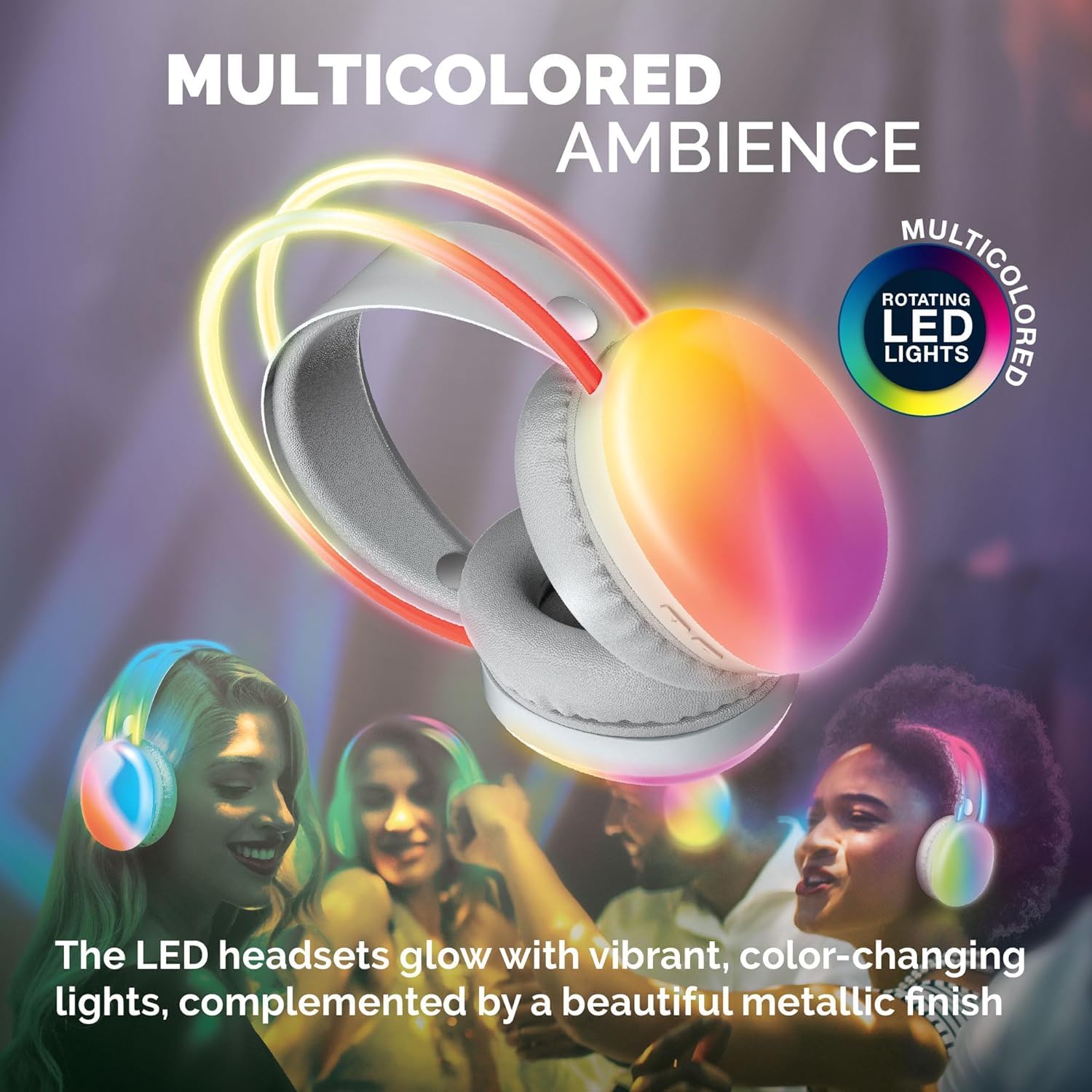 Brookstone Wireless Silent Disco Headphones with Multicolor LED Lights - Bluetooth 5.0, 10-Hour Playtime, 8-Pack for Parties, Events & Group Activities