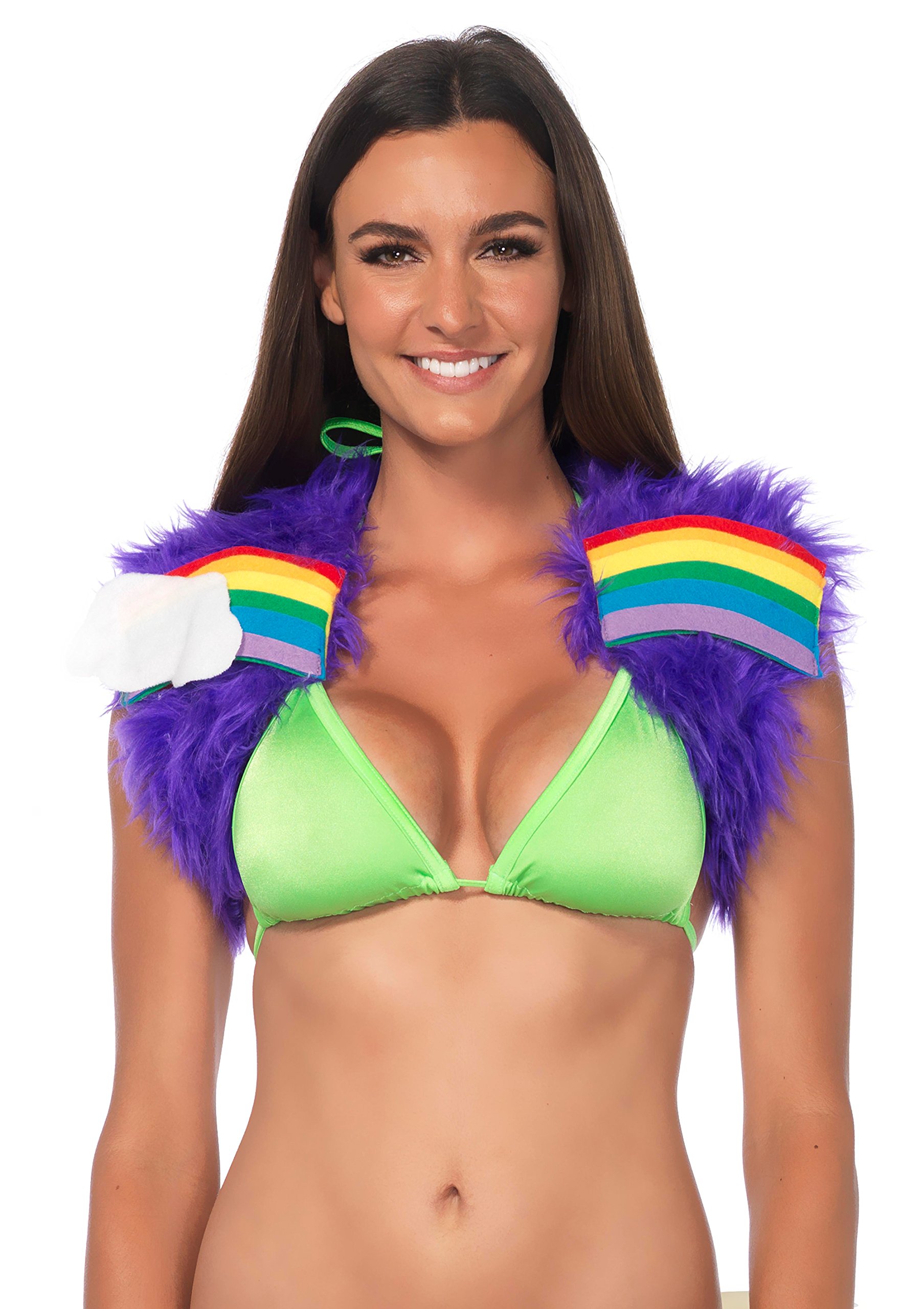 Leg Avenue Furry Vest with Rainbow Shoulder Applique - Women's Fashion Faux Fur Jacket for Costume Parties, Cosplay & Winter Outfits