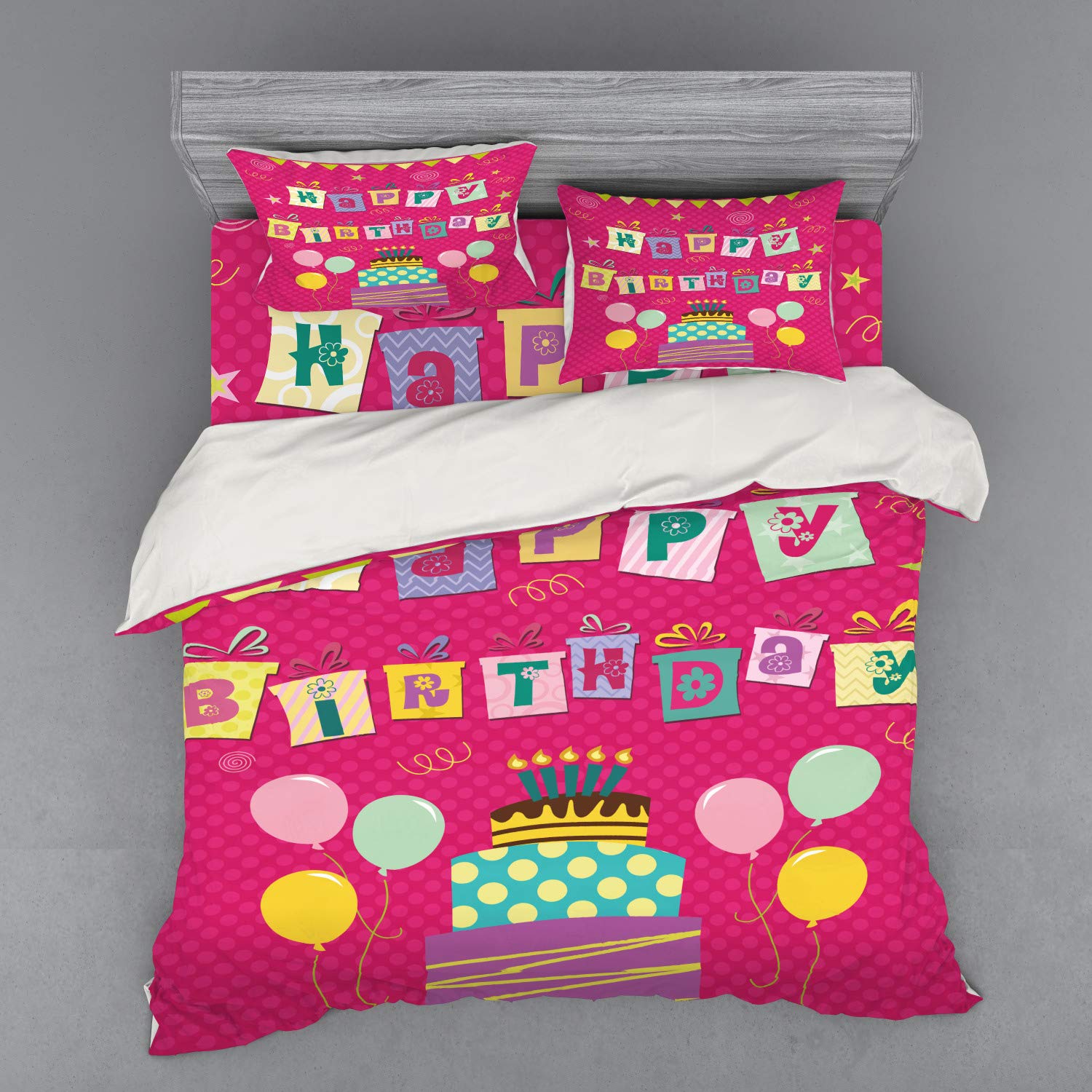 Ambesonne Birthday Party Duvet Cover Set - Colorful Present Boxes, Balloons & Cake Design, 4-Piece King Size Bedding Set with Shams & Fitted Sheet in Dark Coral Multicolor | Perfect for Birthday Decorations, Themed Bedrooms & Gift Giving