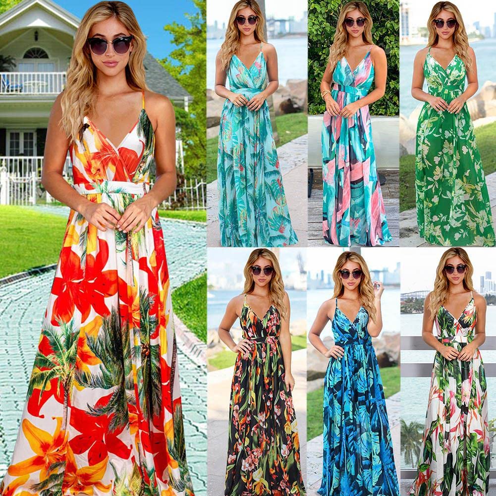 Bohemian Floral Print Women's Maxi Dress - V-Neck Spaghetti Strap Long Sling Dress for Beach, Vacation & Summer Outfits