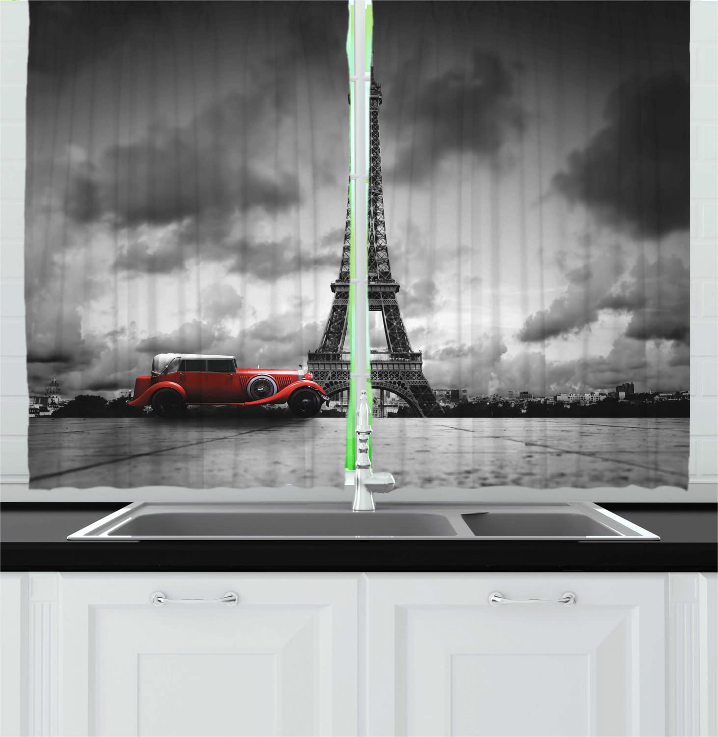 Ambesonne Eiffel Tower Long Kitchen Curtains Set of 2 - Vintage Paris France Street Scene with Dark Clouds - 55