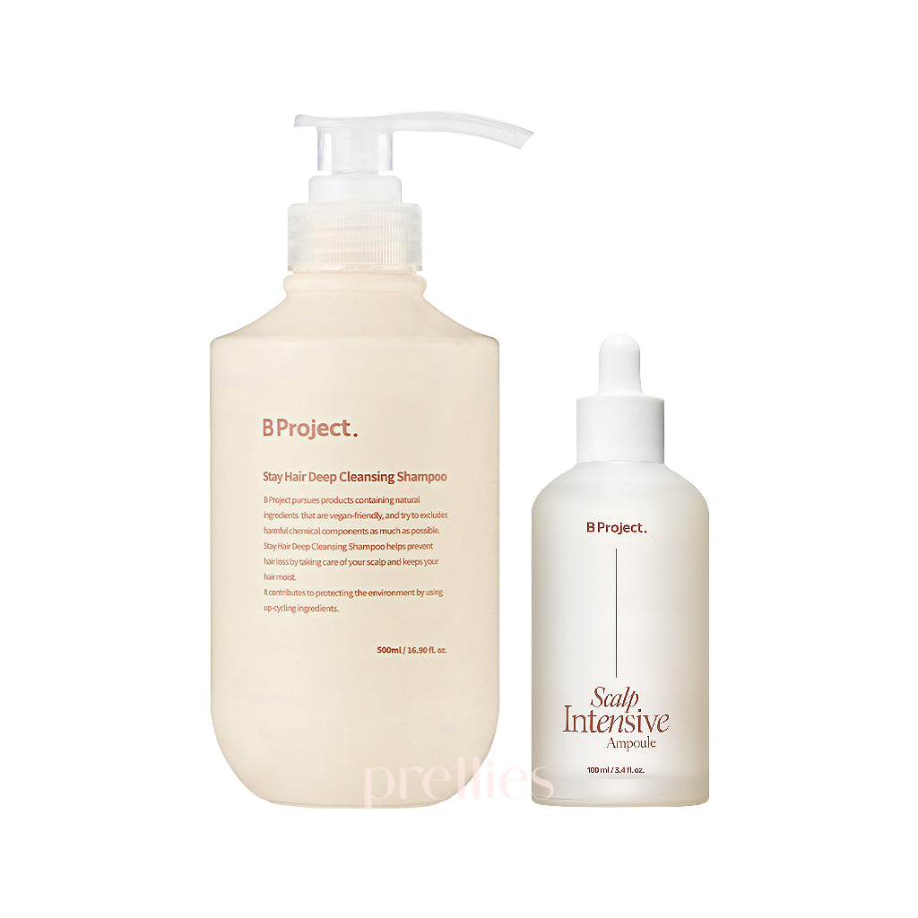 B Project Stay Hair Scalp Intensive Ampoule & Deep Cleansing Shampoo Set - Hair Loss Treatment & Scalp Care for Thicker, Healthier Hair - Perfect for Daily Hair Regimen & Styling Protection