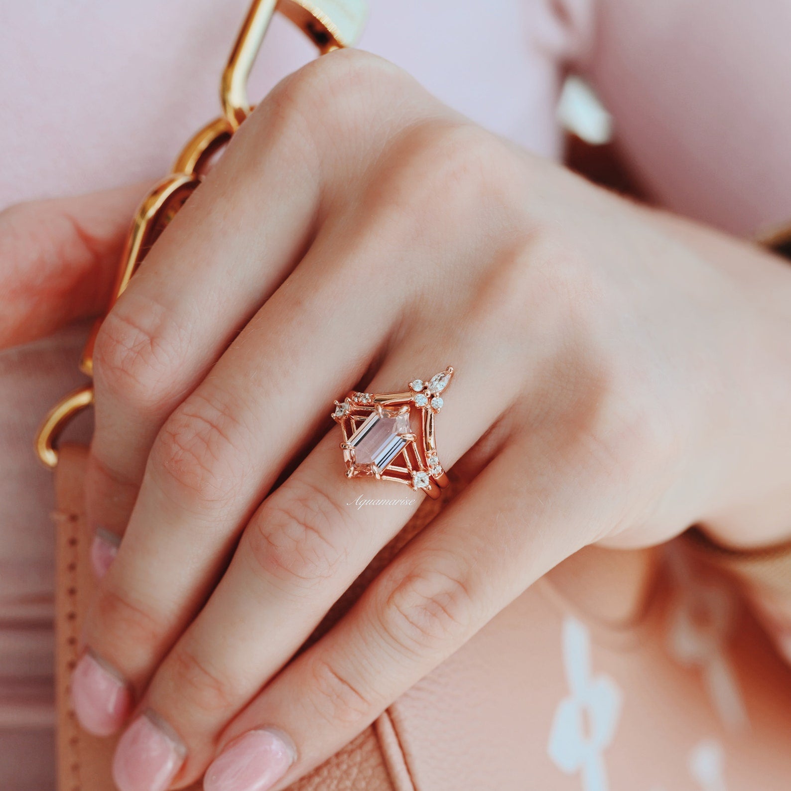 Celtic Hexagon Morganite Ring Set - 14K Rose Gold Vermeil Engagement & Wedding Jewelry for Women - Perfect for Bridal, Anniversary & Romantic Gifts