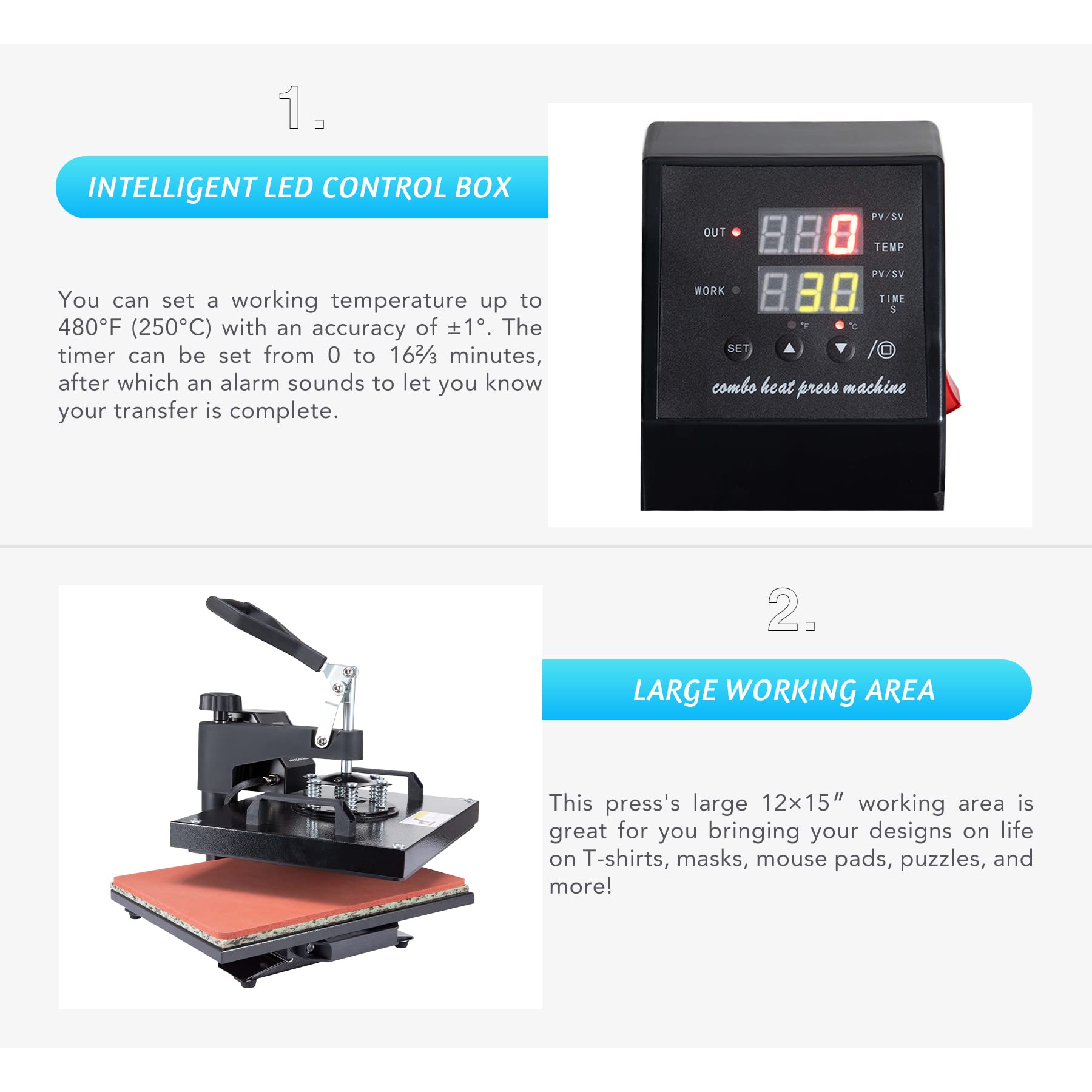 CO-Z 12x15 Inch Professional Heat Press Machine 1250W - 8-in-1 Multi-Purpose Swing-Away T-Shirt Transfer Kit with Plates for Caps, Mugs & More - Perfect for DIY T-Shirts, Custom Hats, Sublimation Projects & Small Business Printing