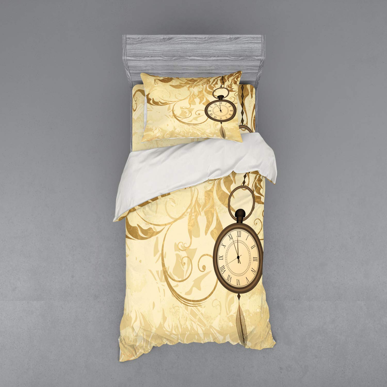 Ambesonne Vintage Grungy Pocket Watch Clock Bedding Set - 3 Piece Duvet Cover with Sham & Fitted Sheet - Twin Size Brown Retro Design - Perfect for Vintage Themed Bedrooms & Steampunk Decor
