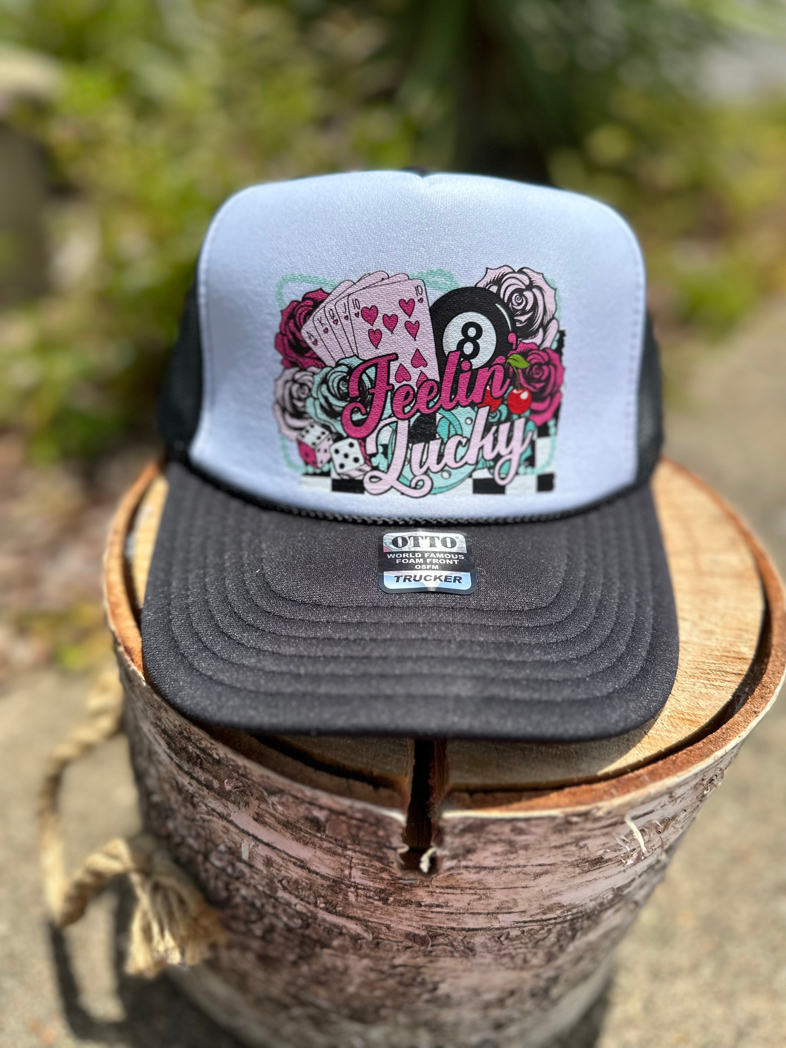 Women's Black 'Feelin Lucky' Trucker Hat - Stylish Adjustable Baseball Cap for Outdoor Activities, Concerts & Casual Wear