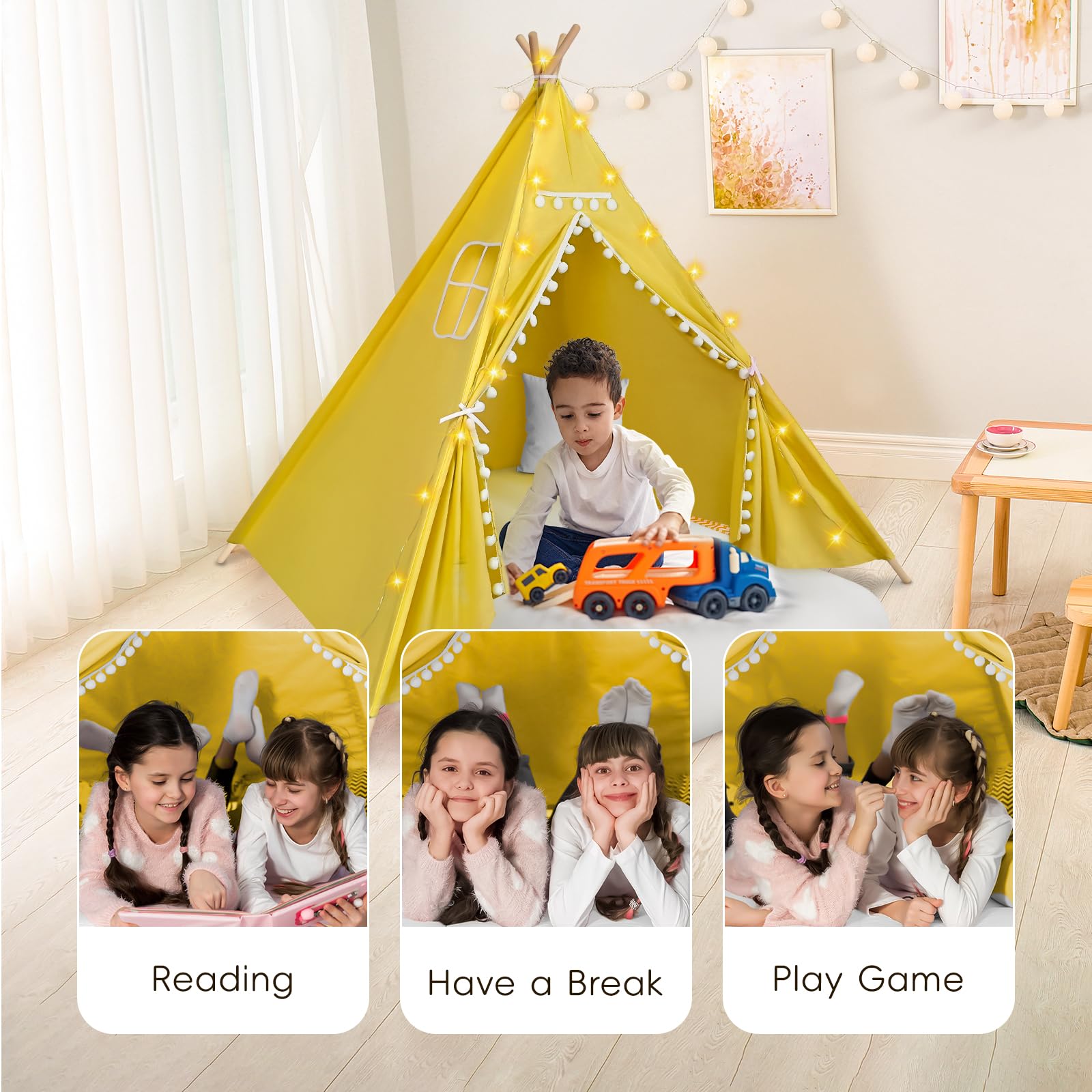4 Pack Kids Teepee Tent with LED Lights & Inflatable Air Mattress - Play Tents for Boys & Girls, Includes Free Air Pump, Washable for Indoor/Outdoor Use - Perfect for Slumber Parties, Birthday Gifts & Backyard Camping (Yellow)