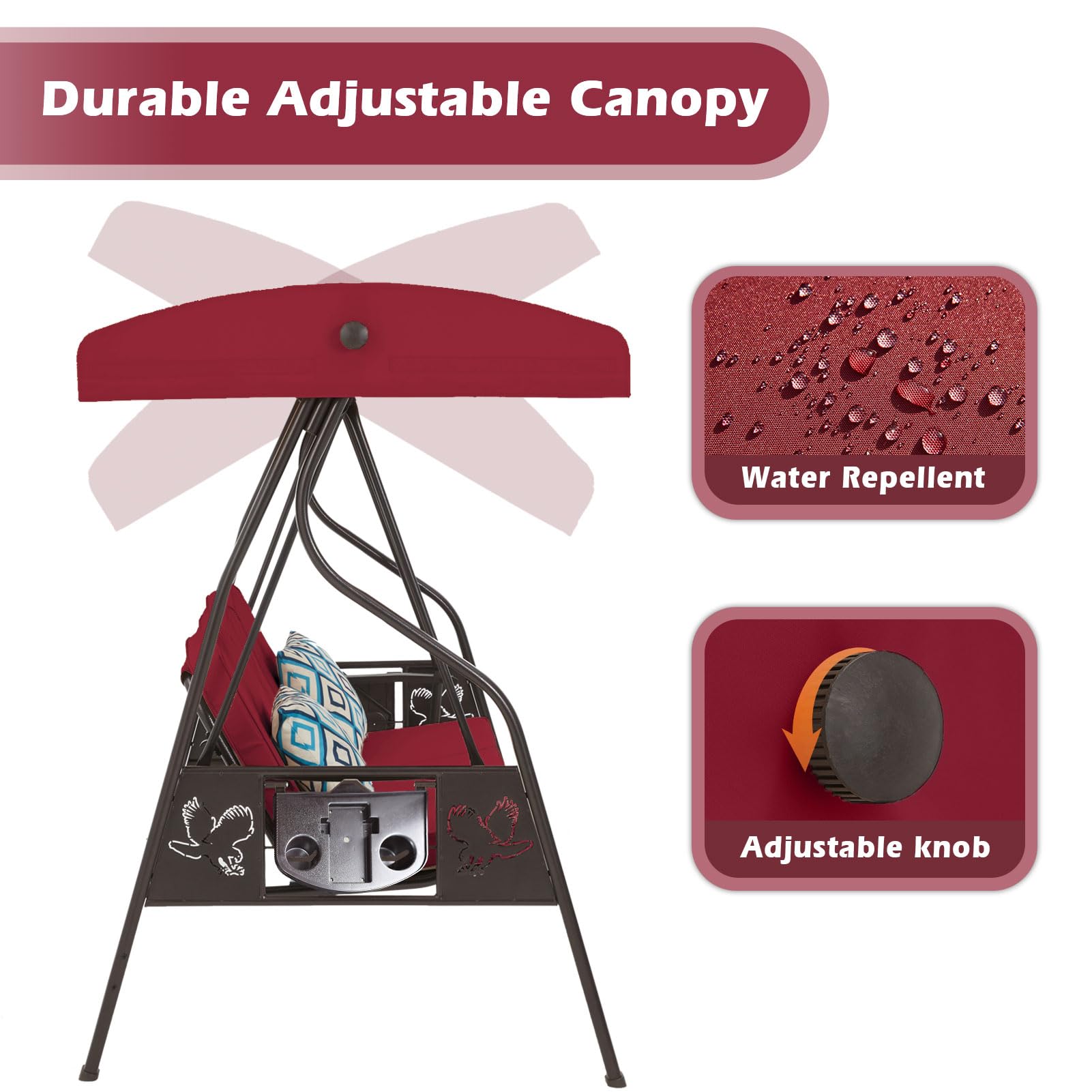 3-Seat Outdoor Porch Swing with Stand & Canopy - 2 in 1 Patio Swing Bed & Chair for Adults - Heavy Duty Yard Swing with Extra Pillows & Cup Holder (Wine Red) - Perfect for Backyard Relaxation, Garden Lounging & Outdoor Entertaining