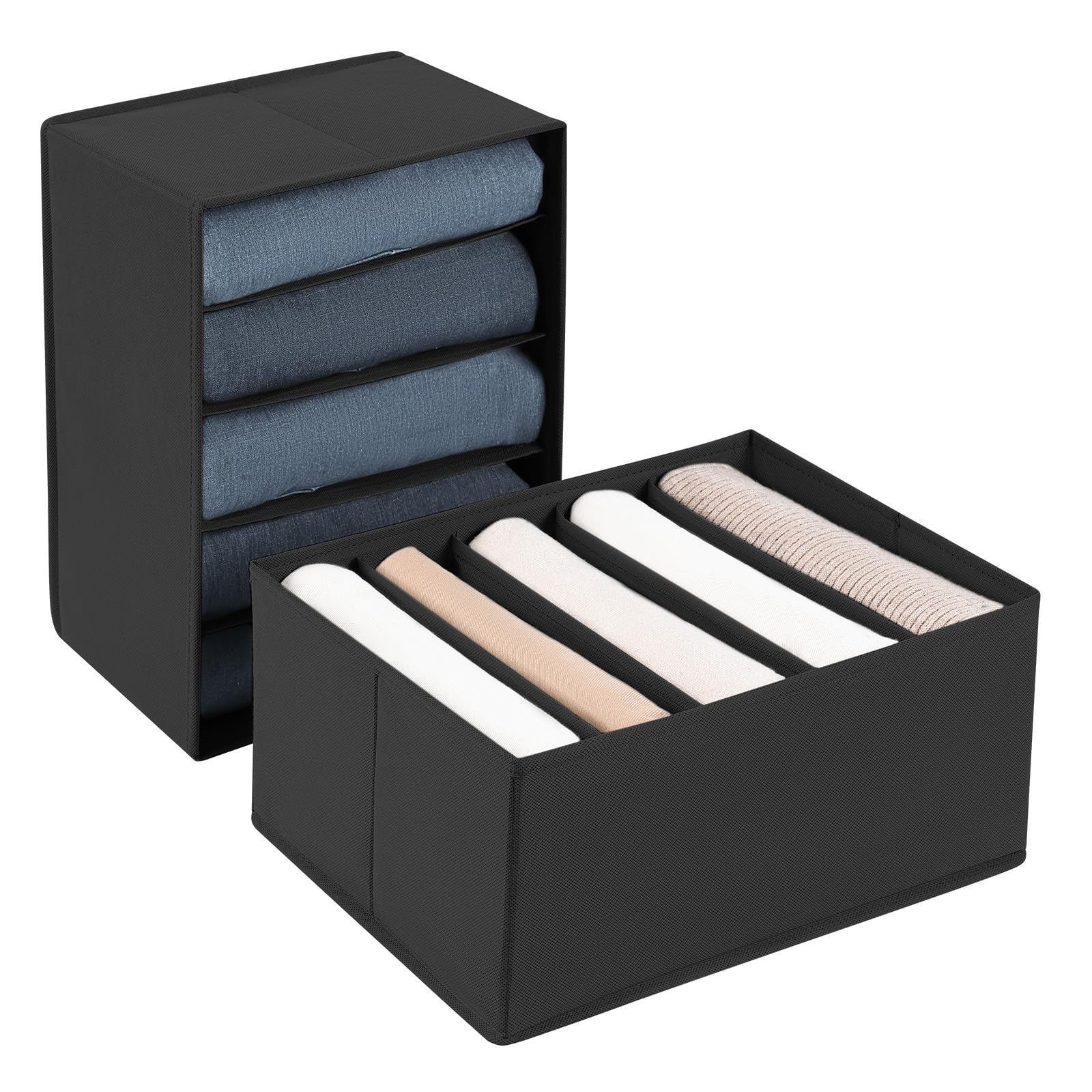DIMJ Foldable Clothes Organizer for Closet - 5 Grid Storage Box for Jeans, Sweaters, T-Shirts & Folded Clothes | Space-Saving Wardrobe Organizer (Black) - Perfect for Bedroom, Dorm, or Small Space Organization