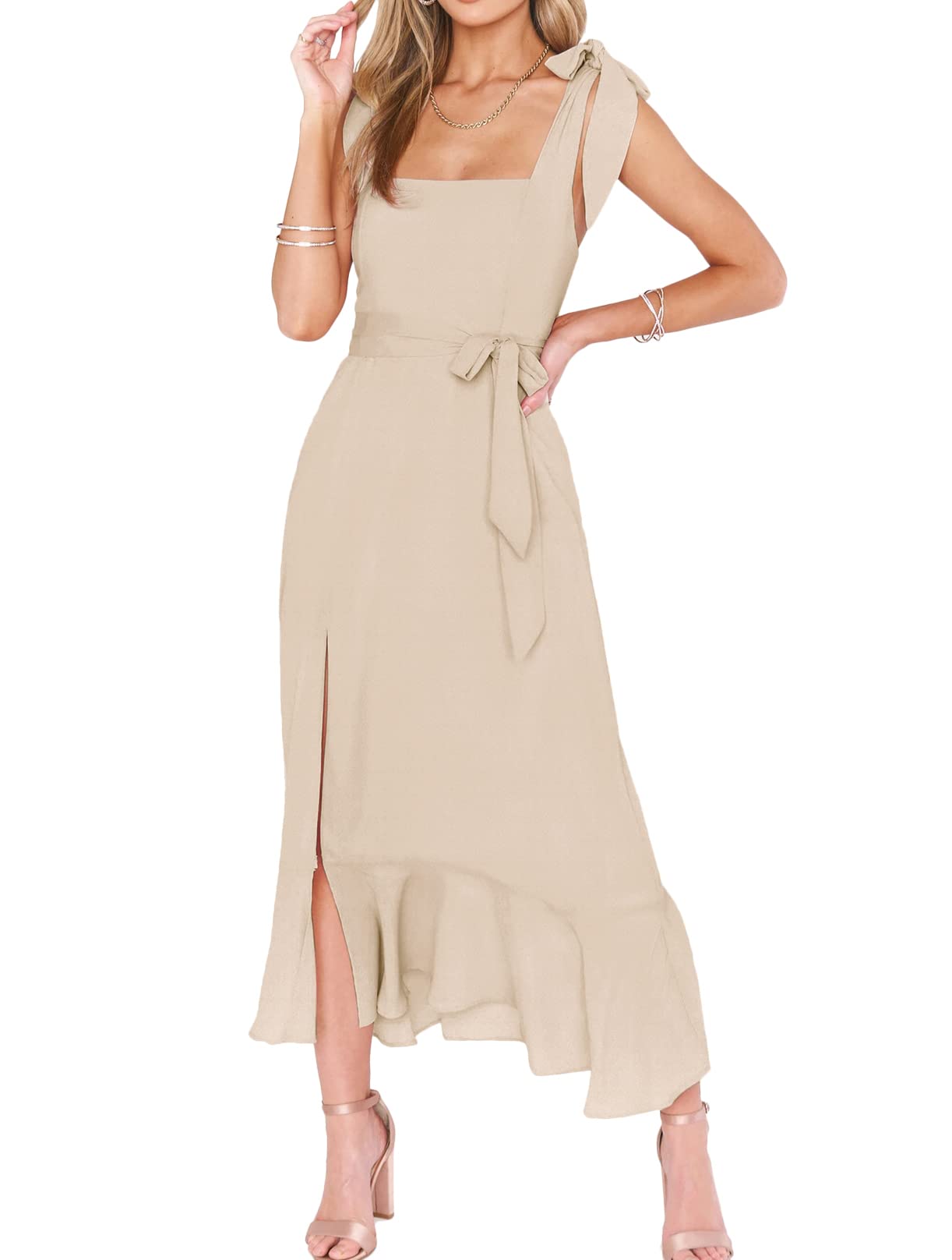 Elegant Square Neck Ruffle Split Midi Bridesmaid Dress for Women - Wedding Guest, Cocktail Party & Formal Occasions - Perfect for Bridal Showers, Receptions and Special Events