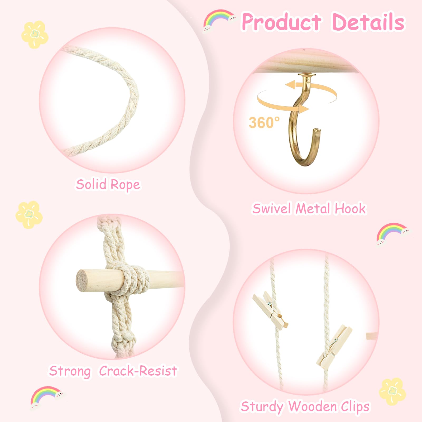Girls Hair Bow Organizer - Baby Headband Holder with 20 Iron Hooks & 15 Wooden Clips | Boho Nursery Wall Decor for Toddler Girls Room | Perfect for Organizing Hair Accessories and Decorating Kids Bedroom