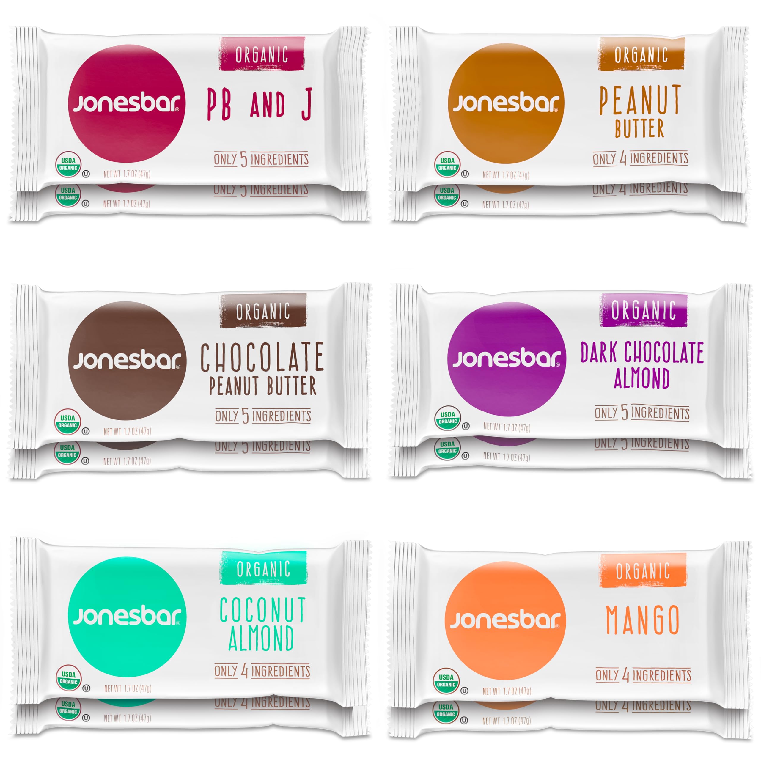Organic JONESBAR Variety Pack - 12 Count (Pack of 1) | USDA Certified, Non-GMO, Kosher, Vegan & Gluten Free Fruit & Nut Energy Bars | Perfect for Hiking, Office Snacks & Healthy On-the-Go Nutrition