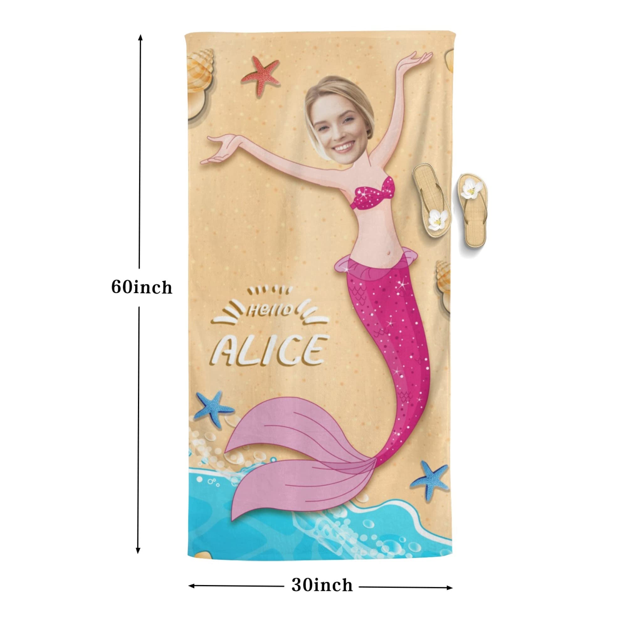 Customized Mermaid Photo Beach Towel - Personalized Funny Beach Towel for Women & Girls, Soft & Absorbent Quick-Dry Fabric - Perfect for Pool, Beach, Vacation & Summer Fun