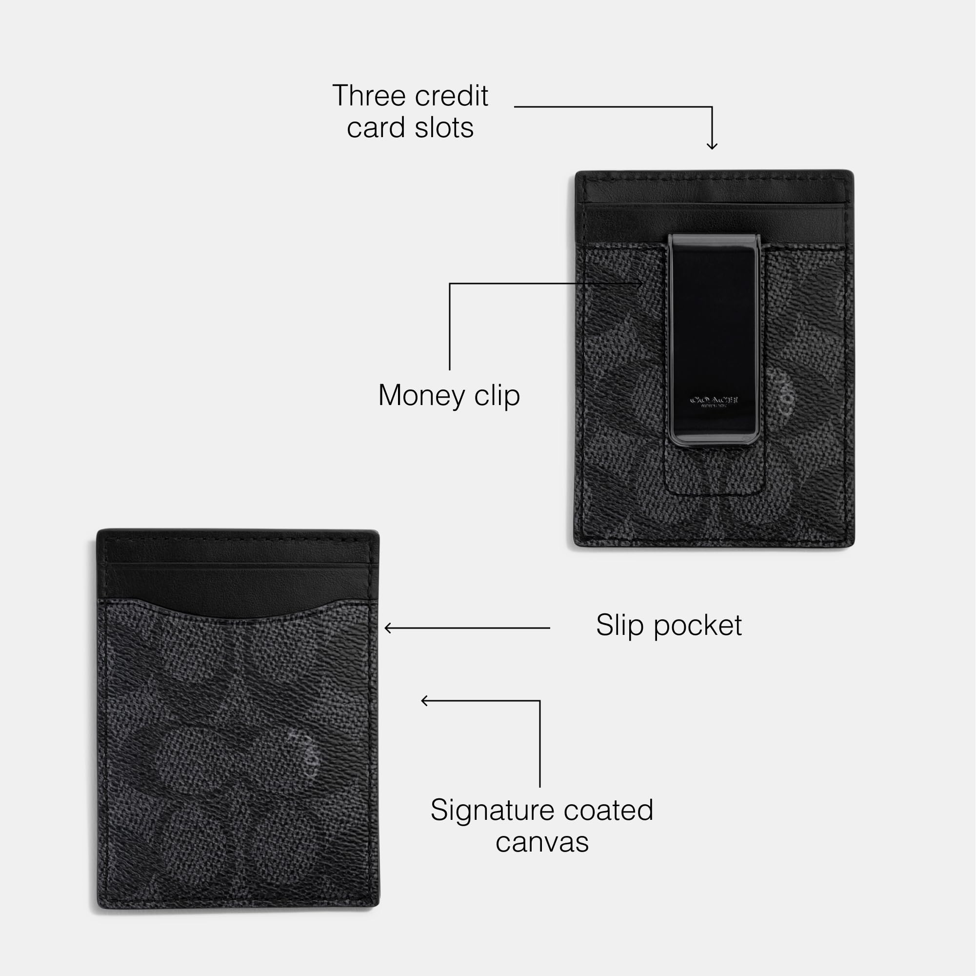Coach Men's Signature Charcoal Money Clip Card Holder - Slim RFID-Blocking Wallet for Credit Cards & Cash - Perfect for Business, Travel & Everyday Use