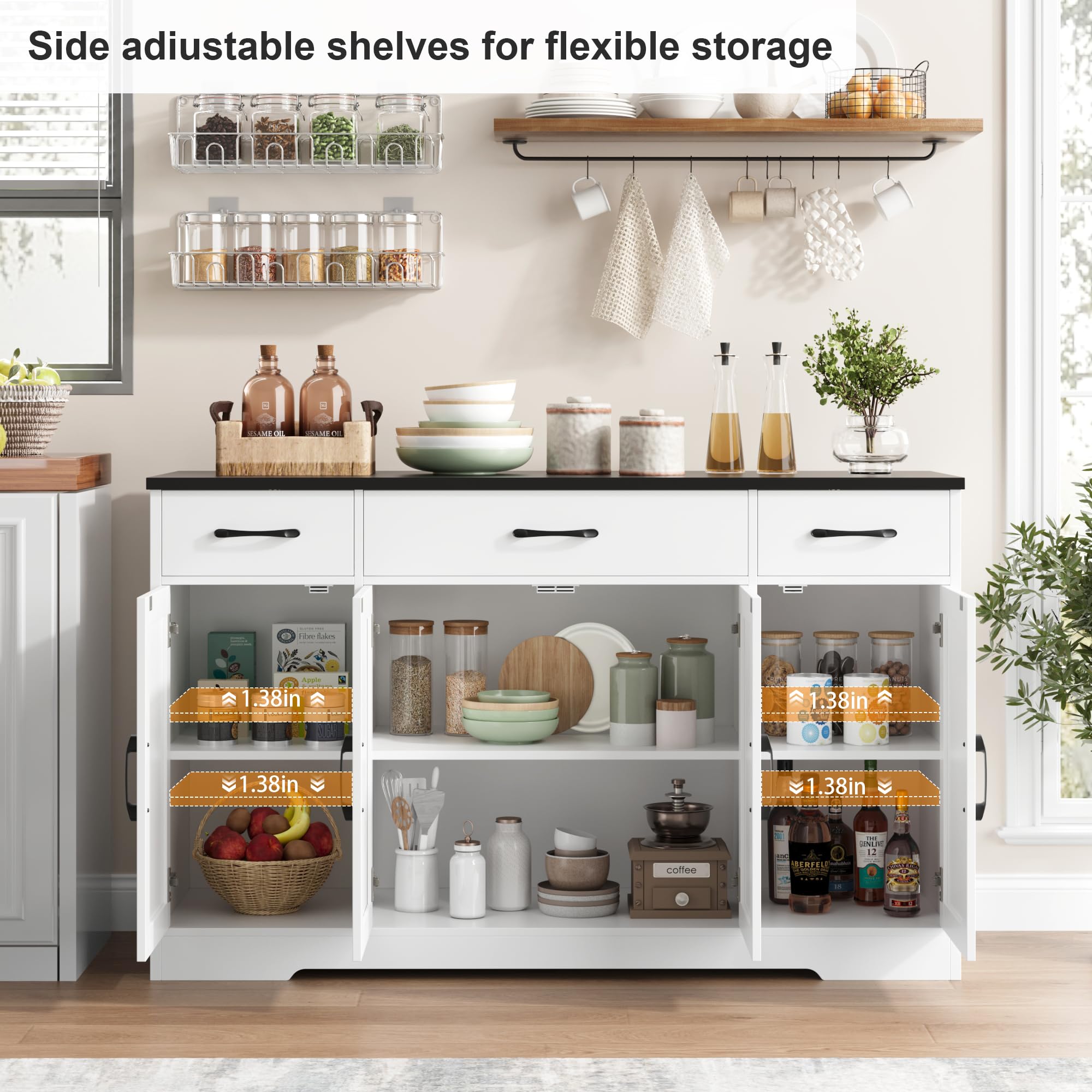 Modern Farmhouse Buffet Cabinet with Drawers & Shelves - 55