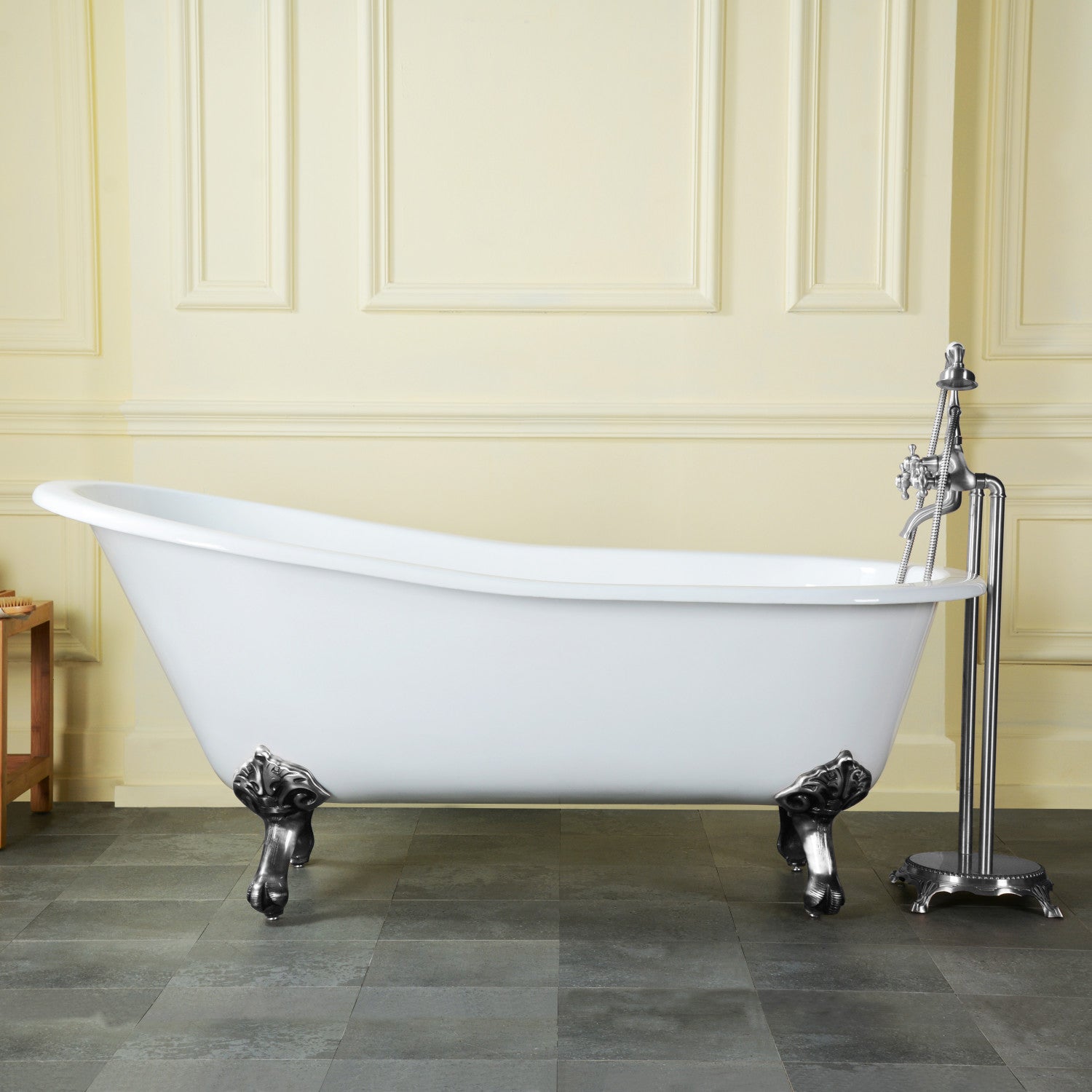 Aqua Eden 61 Inch White Cast Iron Clawfoot Bathtub - Oval Single Slipper Design with Polished Chrome Finish (No Faucet Holes) | Perfect for Vintage Bathrooms, Spa Retreats & Luxury Home Renovations