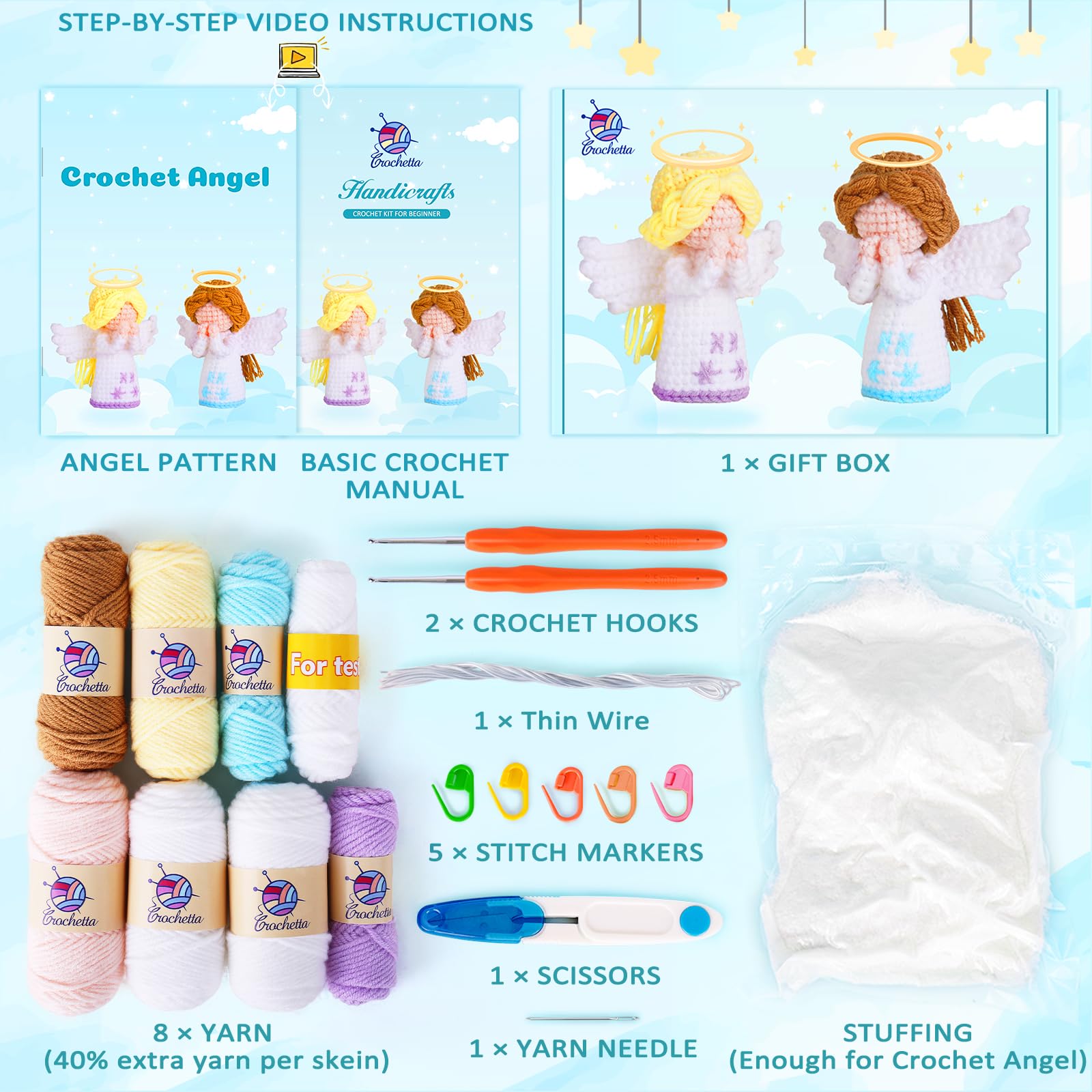 Beginner Crochet Kit for Adults & Kids - 2-Pack Amigurumi Angel DIY Knitting Supplies with Step-by-Step Video Tutorials (40%+ Yarn) | Perfect for Crafting, Gifts & Stress Relief