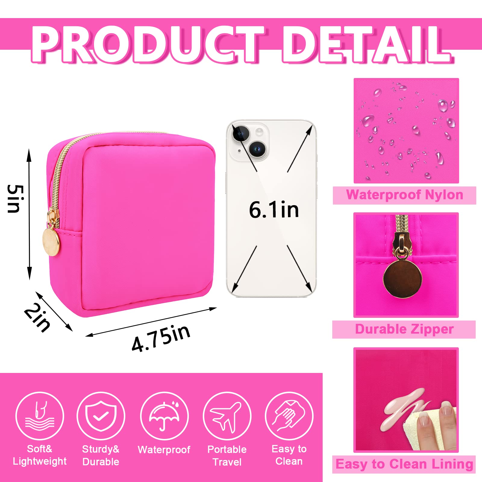 Waterproof Mini Makeup Bag for Women - Small Cosmetic Travel Organizer with Zipper, Nylon Toiletry Pouch for Purse, Girls & Teens - Cute Preppy Coin Purse for Work, Gym & Daily Essentials (Mini Hot Pink) - Perfect for Travel, School & On-the-Go Organization