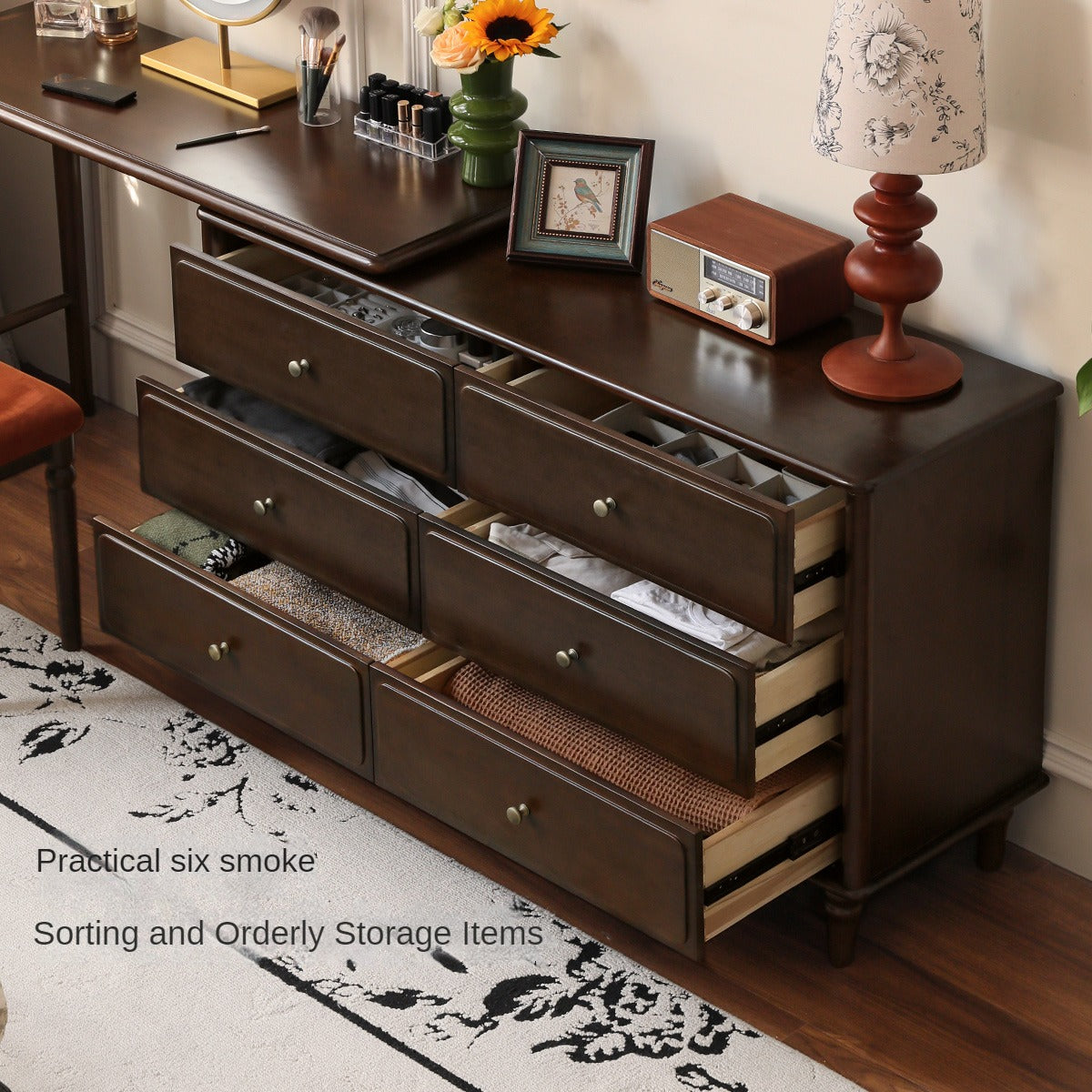 Vintage Poplar Solid Wood Extendable Vanity Dressing Table with Mirror - Perfect for Bedroom, Makeup & Cosmetics Organization
