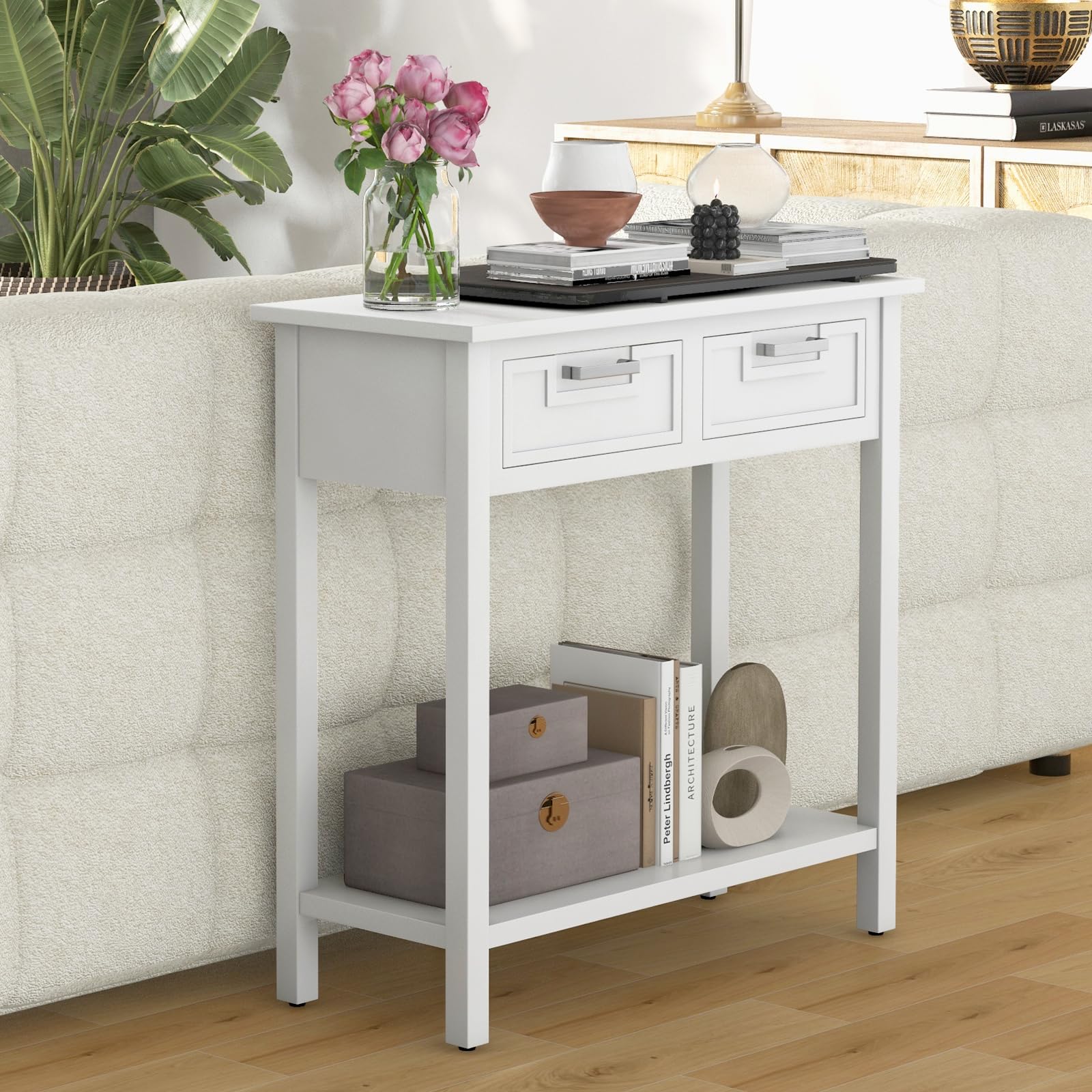 Giantex White Console Table with Drawers & Shelf - Entryway Sofa Table for Living Room, Office & Hallway