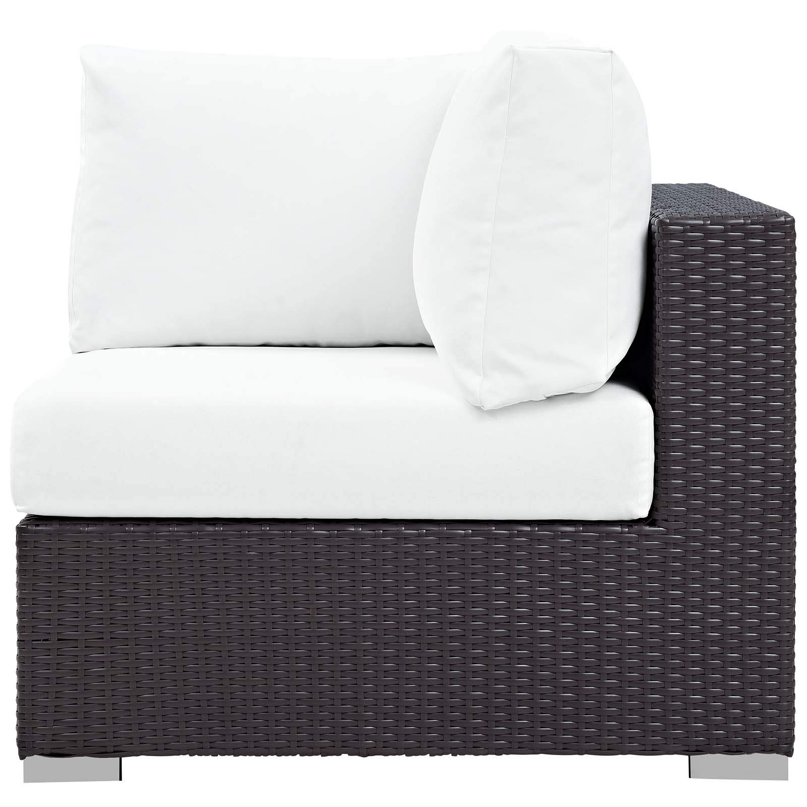 Modern Outdoor Patio Lounge Sofa Set with Fire Pit - Wicker Rattan Furniture for Garden, Backyard, Poolside - White Fabric Cushions & Coffee Table - Perfect for Relaxing, Entertaining, and Outdoor Gatherings