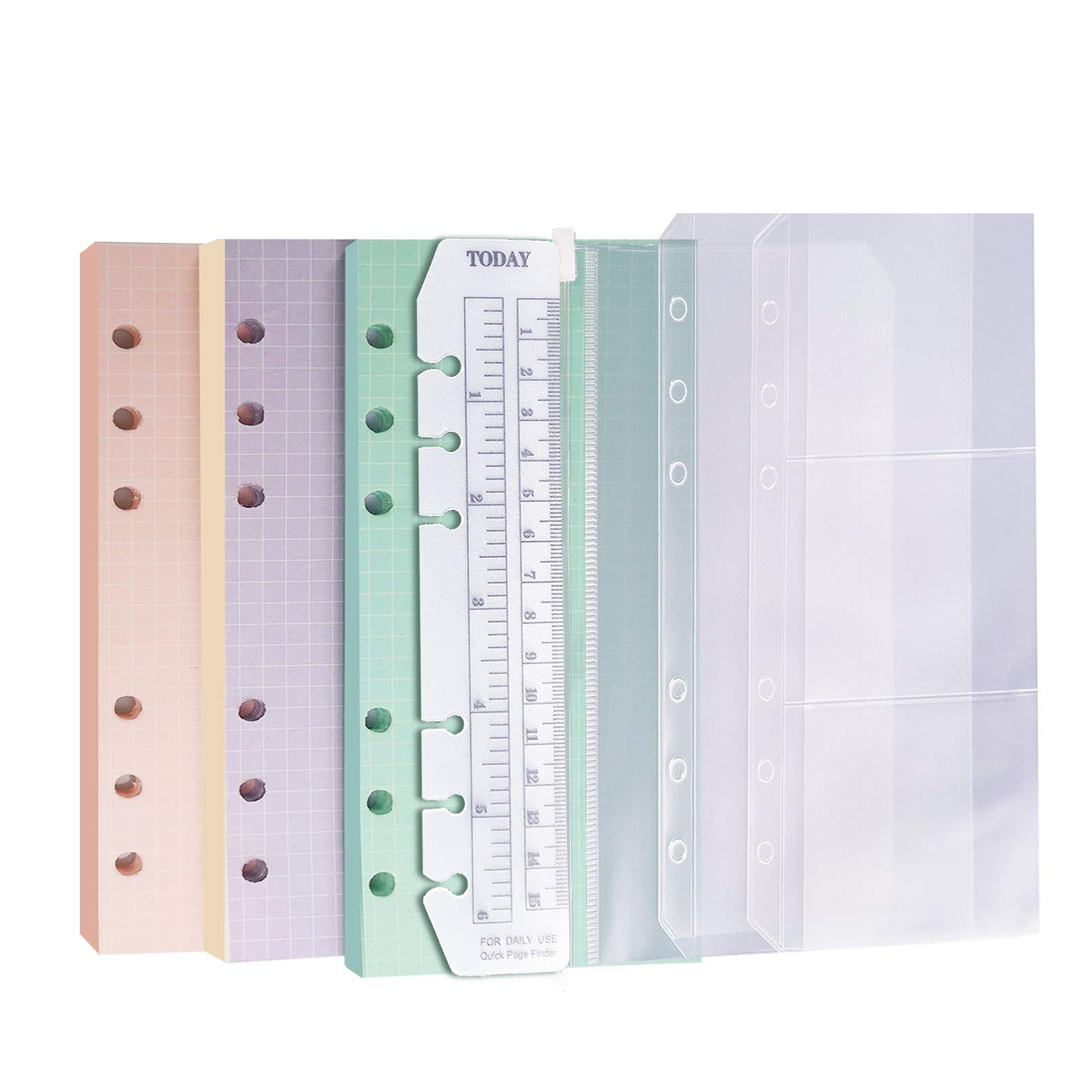 A6 Refill Paper - 3 Pack (40 Sheets) Colorful Grid Binder Paper with 3 Binder Pockets & Page Marker - 6 Hole Notebook Inserts for 6 Ring Refillable A6 Binder, Planner, Organizer - Perfect for School, Office, Journaling & Note-Taking