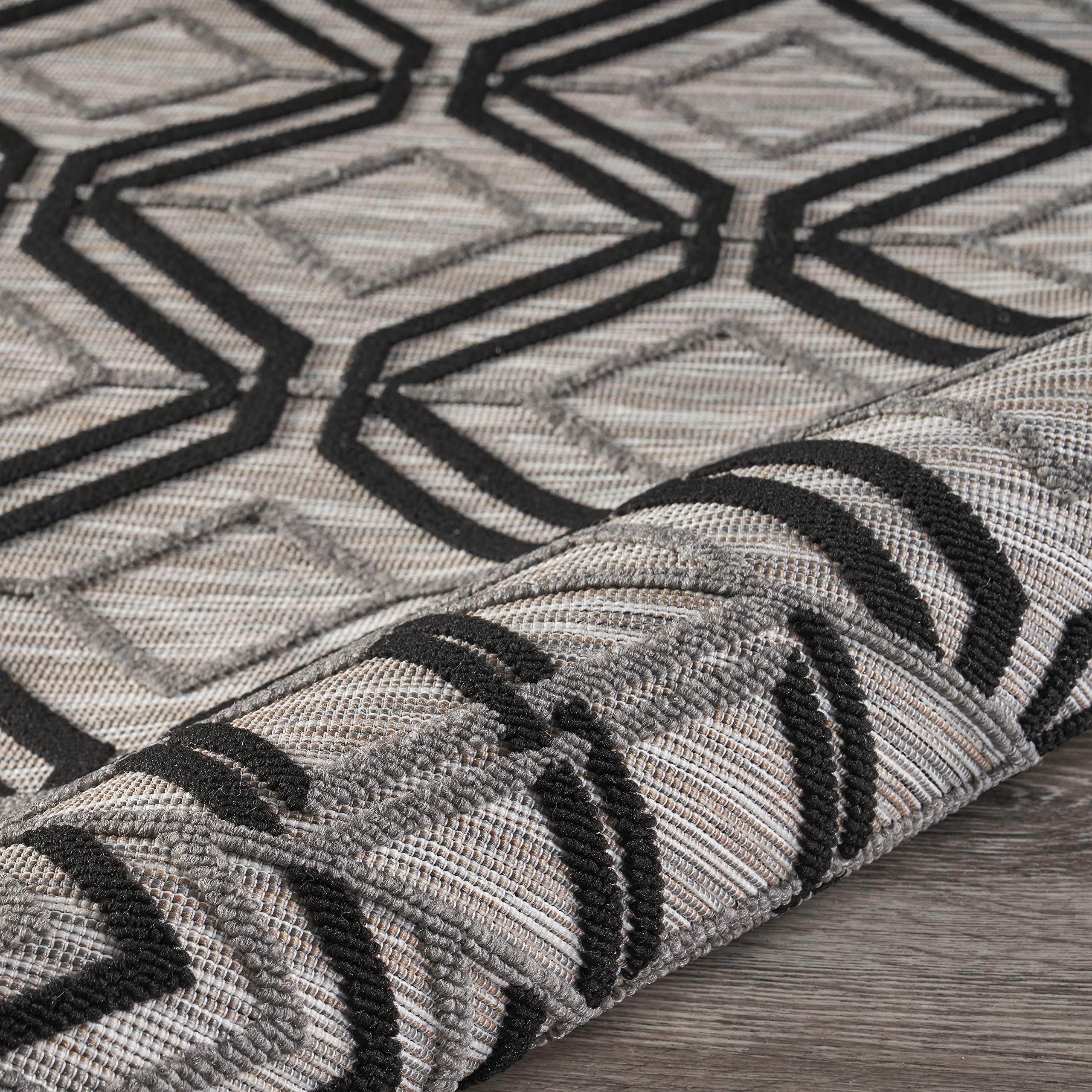 LR Home Geometric Daze Indoor Outdoor Area Rug 5x7 Feet - Modern Black Cream Tan Abstract Pattern - Perfect for Living Room, Bedroom, Patio & Deck Decor