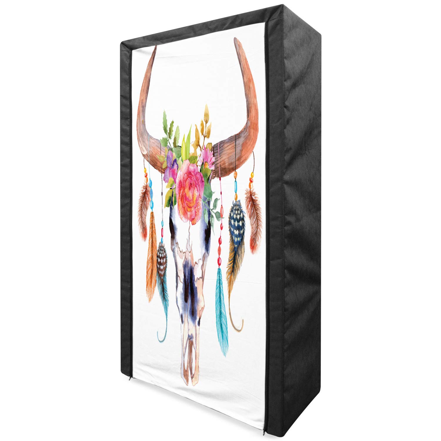 Ambesonne Watercolor Fabric Wardrobe - Portable Clothing Organizer with Shelves, Bull Skull & Floral Feather Design, 33.5 Inch Multicolor Storage Closet for Bedroom, Closet, Dorm or Travel