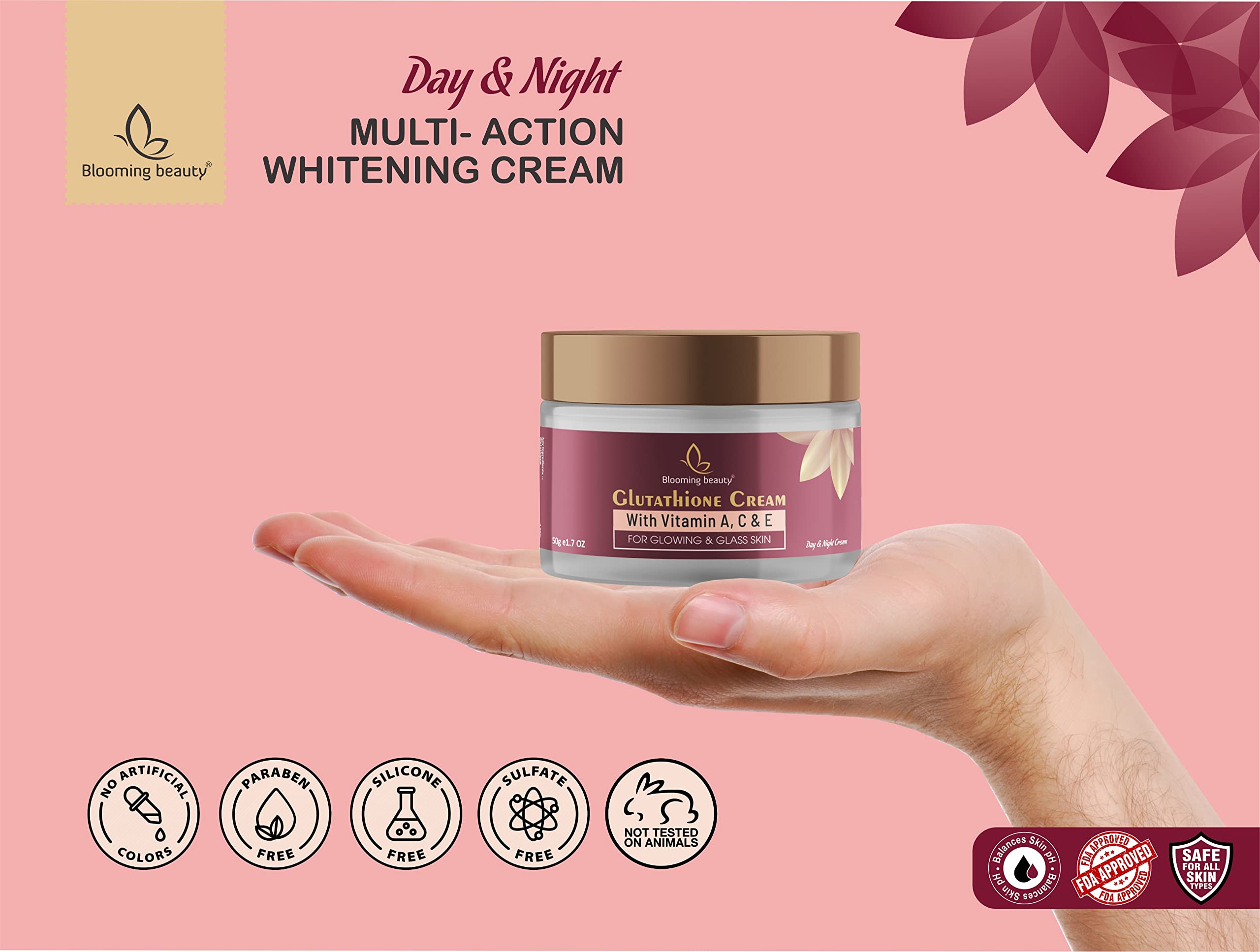 Glutathione Face Cream for Skin Whitening & Brightening - Day & Night Moisturizer for Glowing Skin, Dark Spot Removal, Anti-Acne & Dark Circle Treatment - 50g (Pack of 1) - Perfect for Daily Skincare Routine & Travel