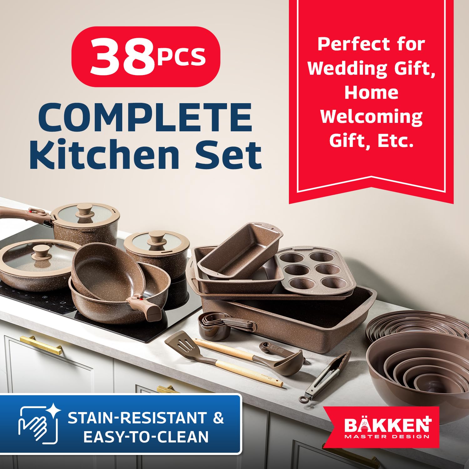 Bakken Master 38-Piece Granite Cookware and Bakeware Set - Nonstick Granite Coating Pots & Pans with Removable Handles, Tempered Glass Lids, 6-Piece Bakeware, 12-Piece Mixing Bowls - Perfect for Baking, Cooking & Meal Prep - Brown