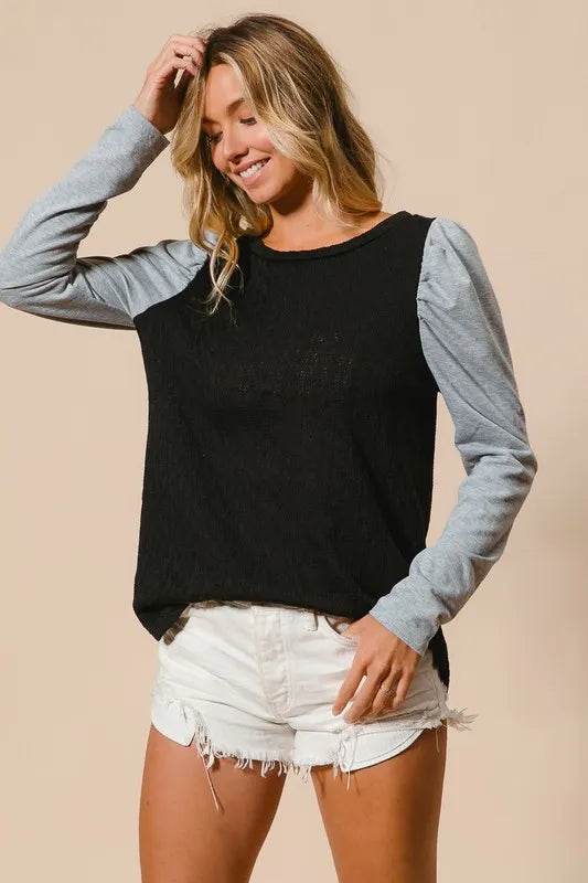 BiBi Cable Knit Sweater Top with Contrast Puff Sleeves | Women's Casual Winter Pullover | Perfect for Office, Date Night & Holiday Outfits