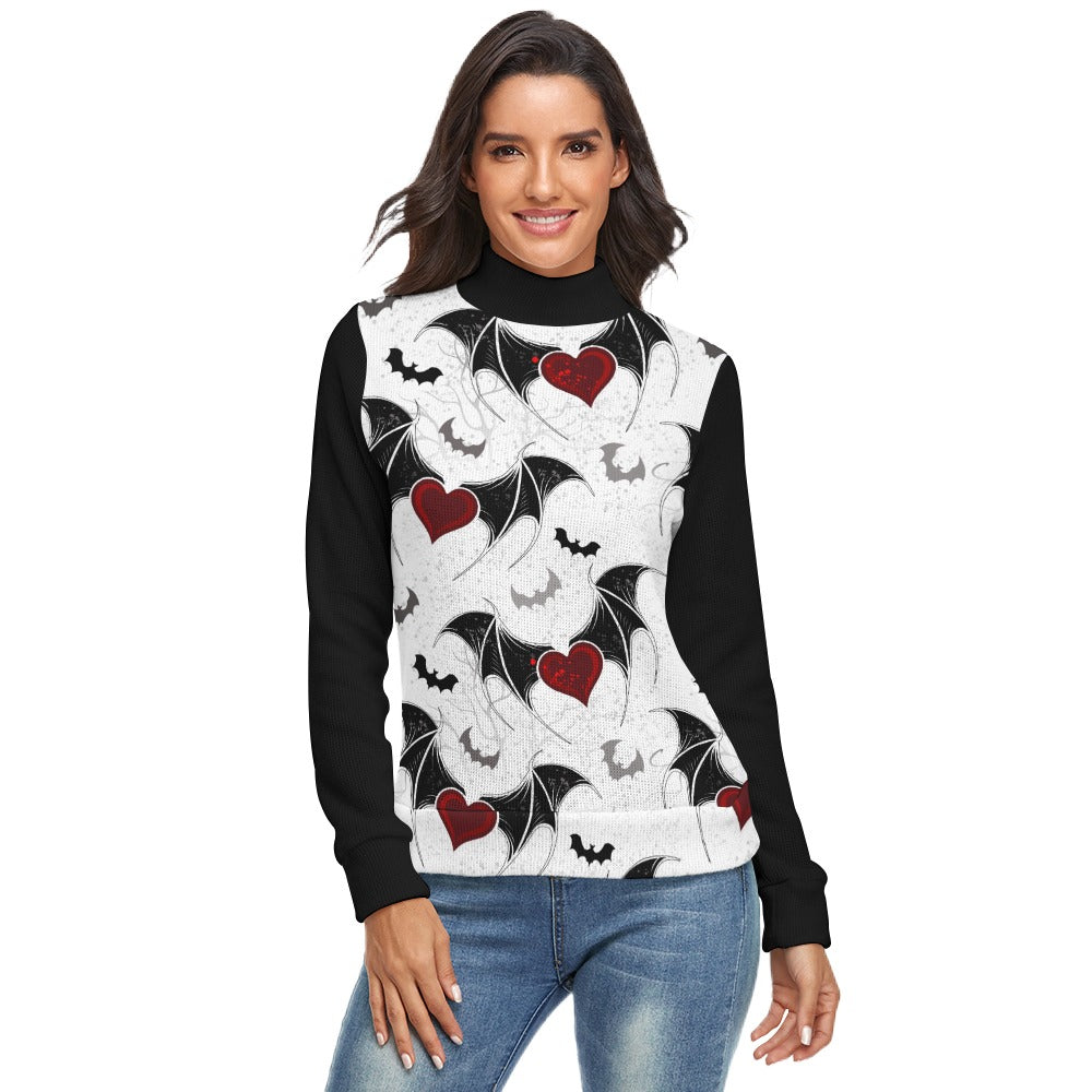 Stylish Bats and Hearts Print Long Sleeve Turtleneck Sweater for Women | Cozy Fall & Winter Fashion | Perfect for Halloween, Christmas Gifts and Casual Outfits