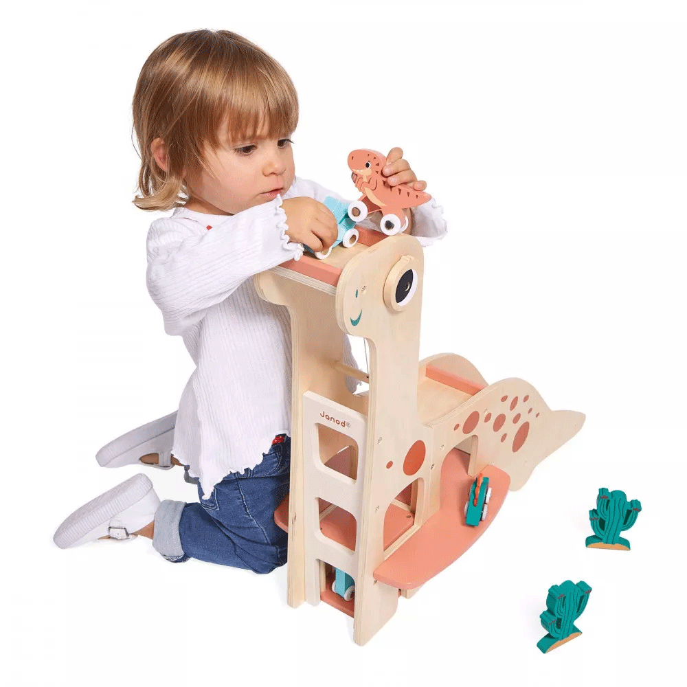 Janod Dino Garage - Wooden Toy Car Garage for Kids with Dinosaur Theme | Pretend Play, Imaginative Play, Gift for Boys & Girls Ages 3+