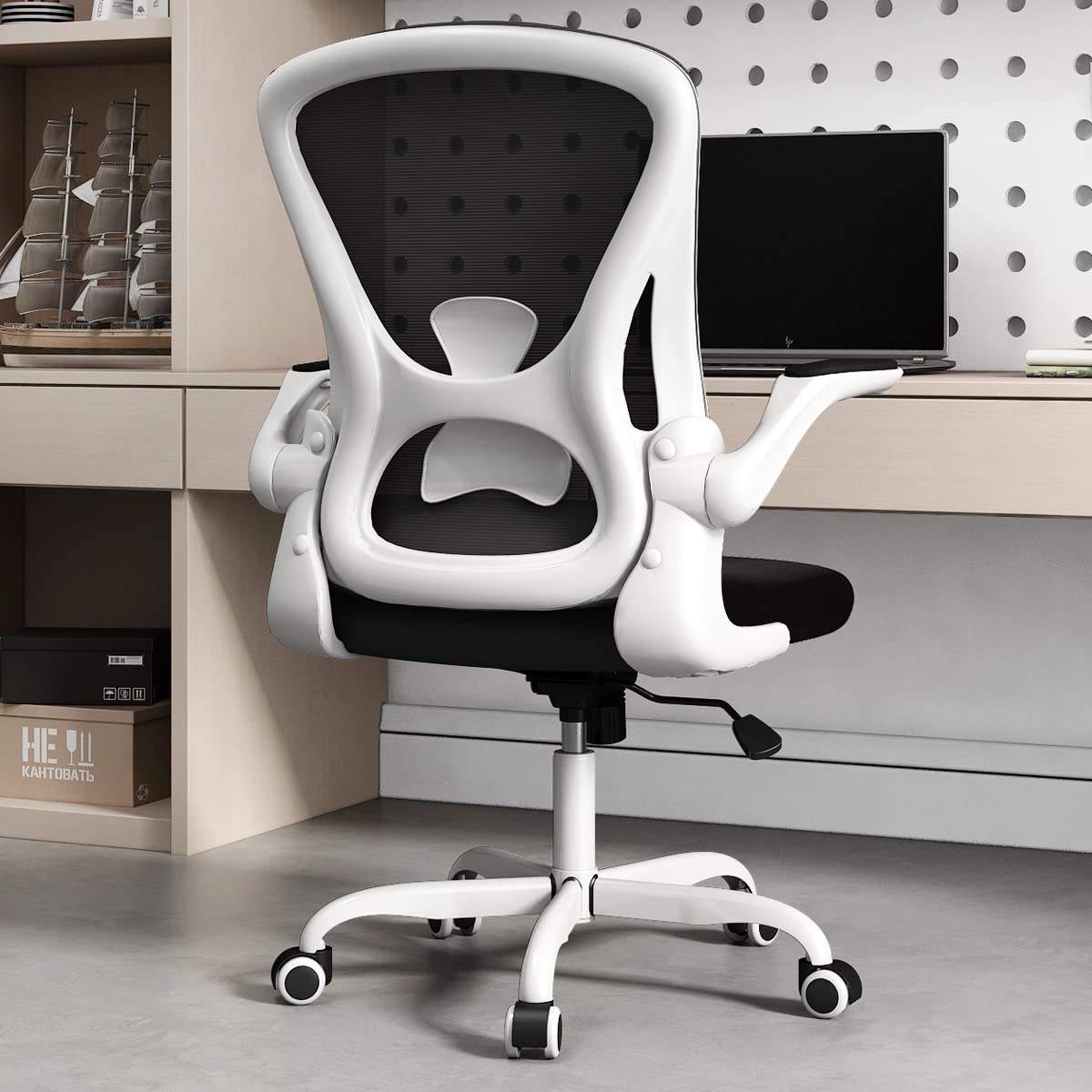 Ergonomic Office Chair with Flip-Up Arms & Lumbar Support - Breathable Mesh Desk Chair with Padded Seat for Home & Office Workspace (White) - Perfect for Long Hours of Computer Work, Gaming, and Remote Working