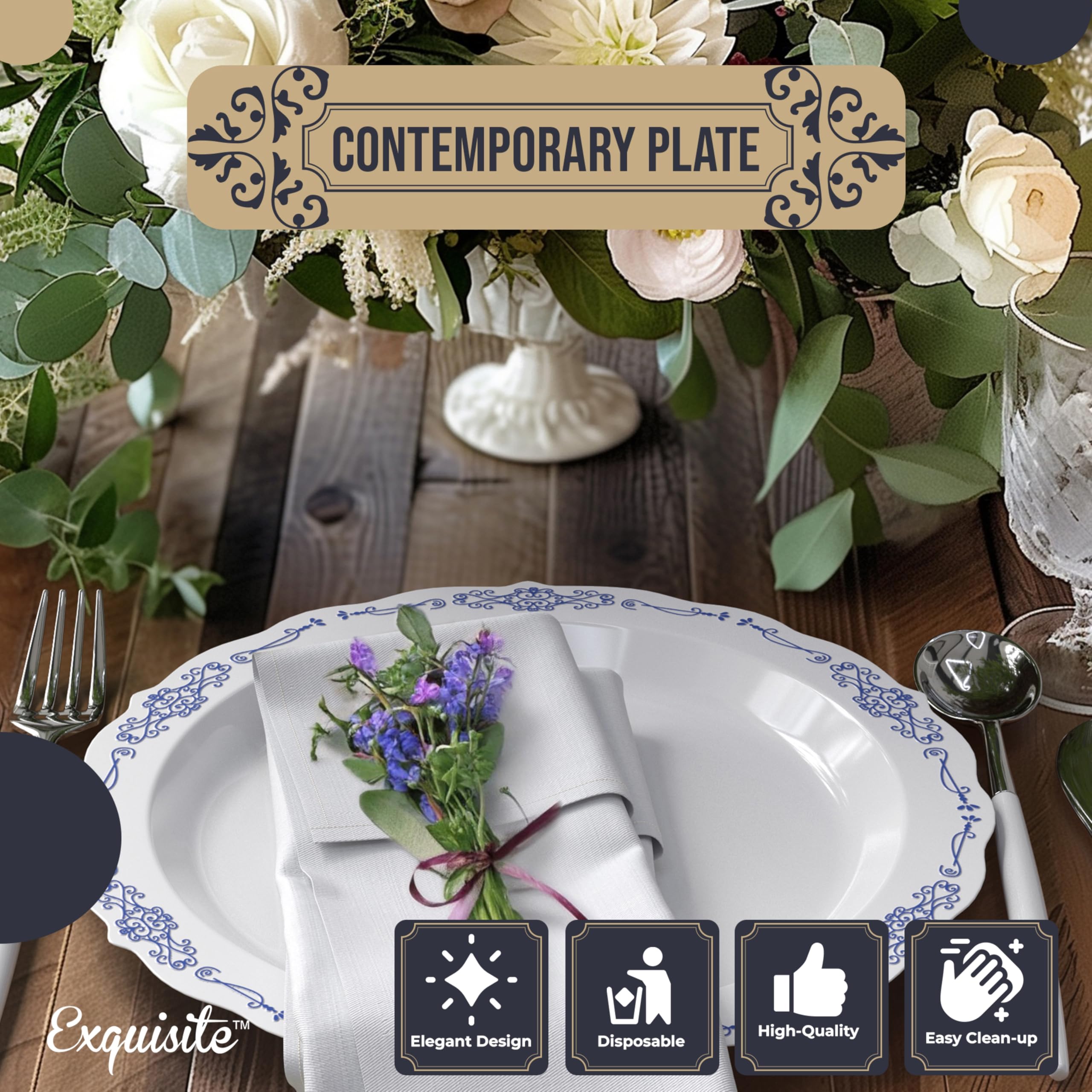 Victorian Style 60-Piece Heavy Duty Disposable Plastic Plates Set - 10 Inch White & Navy Dessert Plates for Parties, Weddings, and Events - Perfect for Serving 60 Guests