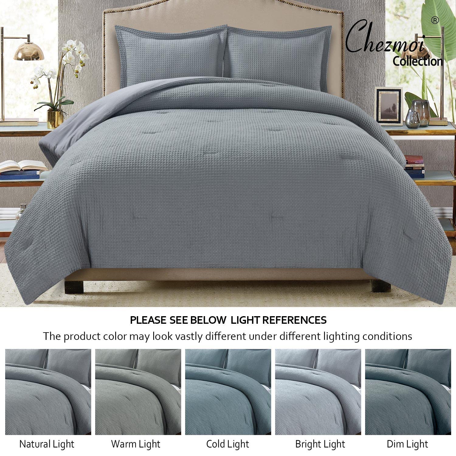 Chezmoi Collection Wilmer 3-Piece Waffle Weave Comforter Set - Ultra Soft & Breathable All-Season Bedding for King Size Beds in Gray - Perfect for Master Bedrooms, Guest Rooms & Cozy Winter Nights