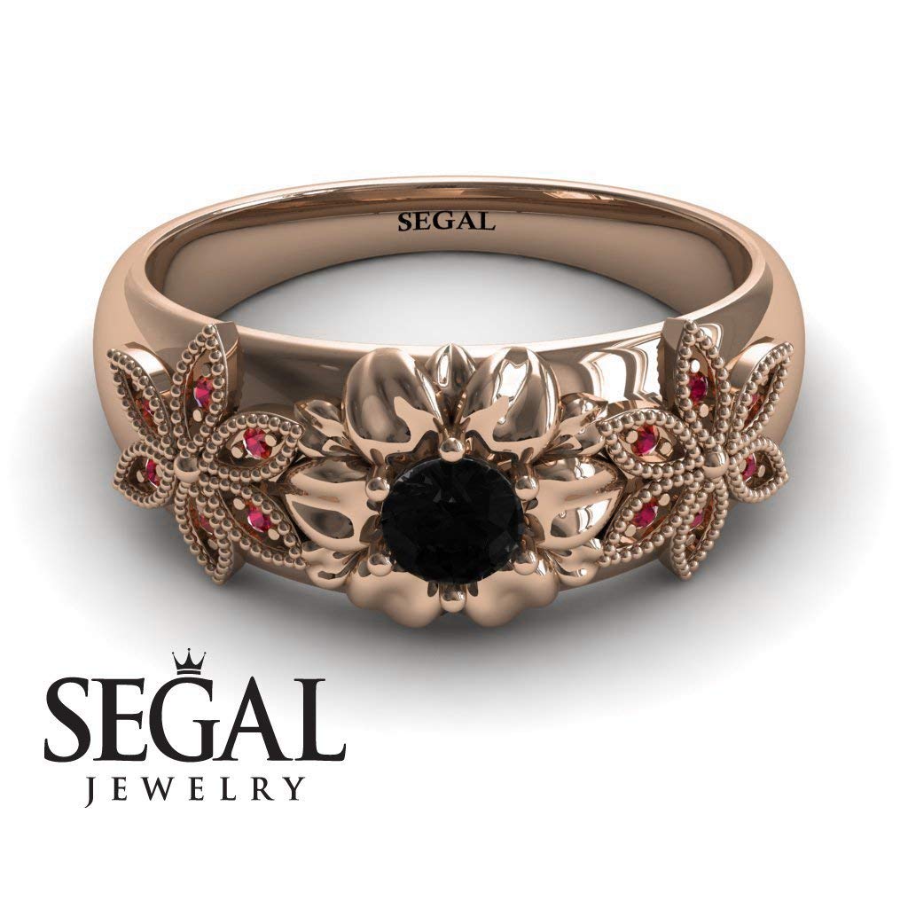 Exquisite 14K Red Gold Victorian Engagement Ring with Black Diamond & Ruby Floral Design - Emma | Perfect for Romantic Proposals, Anniversaries & Special Occasions
