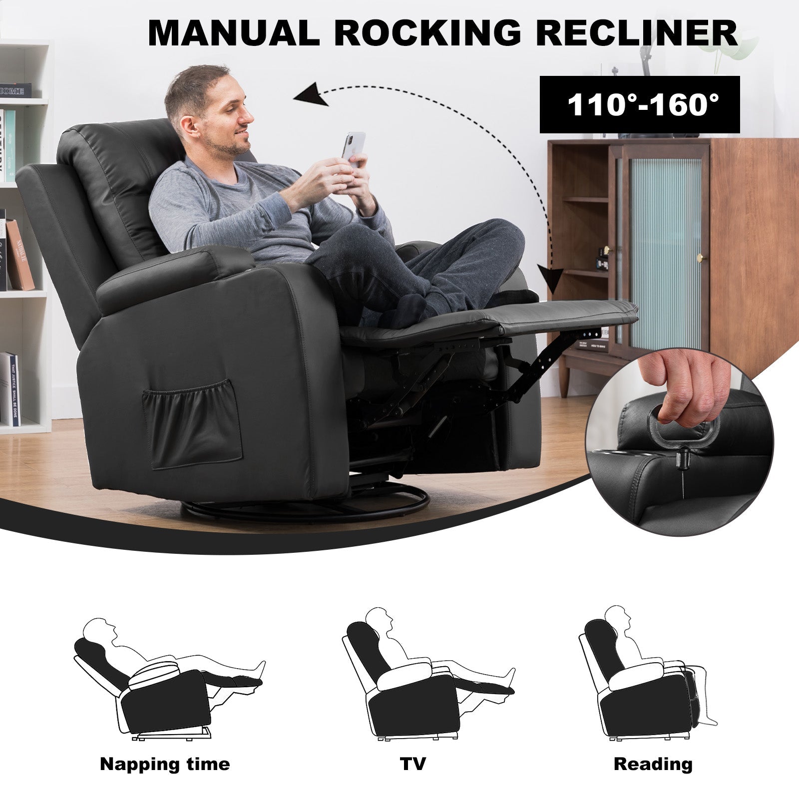 COMHOMA PU Leather Recliner Chair with Heat and Massage - Swivel Rocking Chair for Adults, Single Sofa Seat with Cup Holders & Side Pockets - Perfect for Living Room, Bedroom, Home Theater & Relaxation (Black)