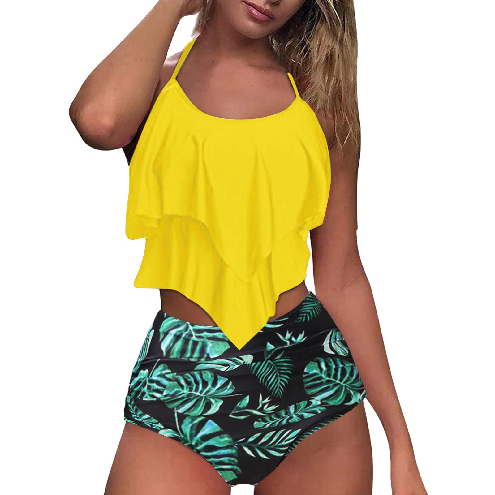 Sunflower Print Women's Bikini Swimsuit with Ruffle Waist - Floral Two-Piece Swimwear for Girls Size 14 | Beach Vacation, Pool Party, Summer Fashion