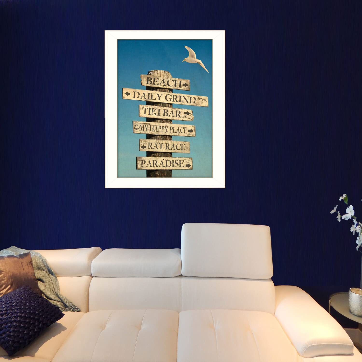 Beach Directional Wall Art - Ready to Hang Framed Print with White Frame by Graffitee Studios - Perfect for Coastal Decor, Beach House & Living Room