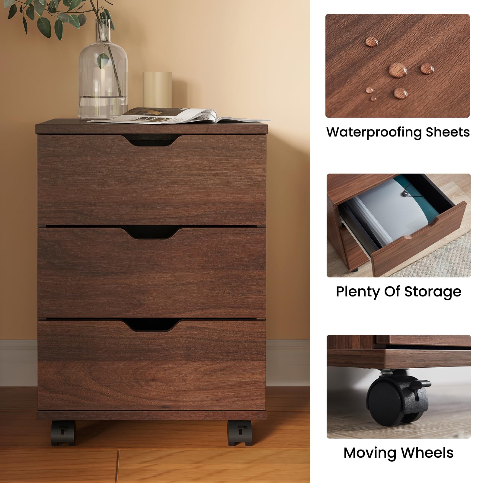 Farini Wood File Cabinet for Home Office - 3 Drawer Mobile Storage Organizer Under Desk (Brown, Fully-Assembled) - Perfect for Office Organization, Small Space Storage & Home Office Decor