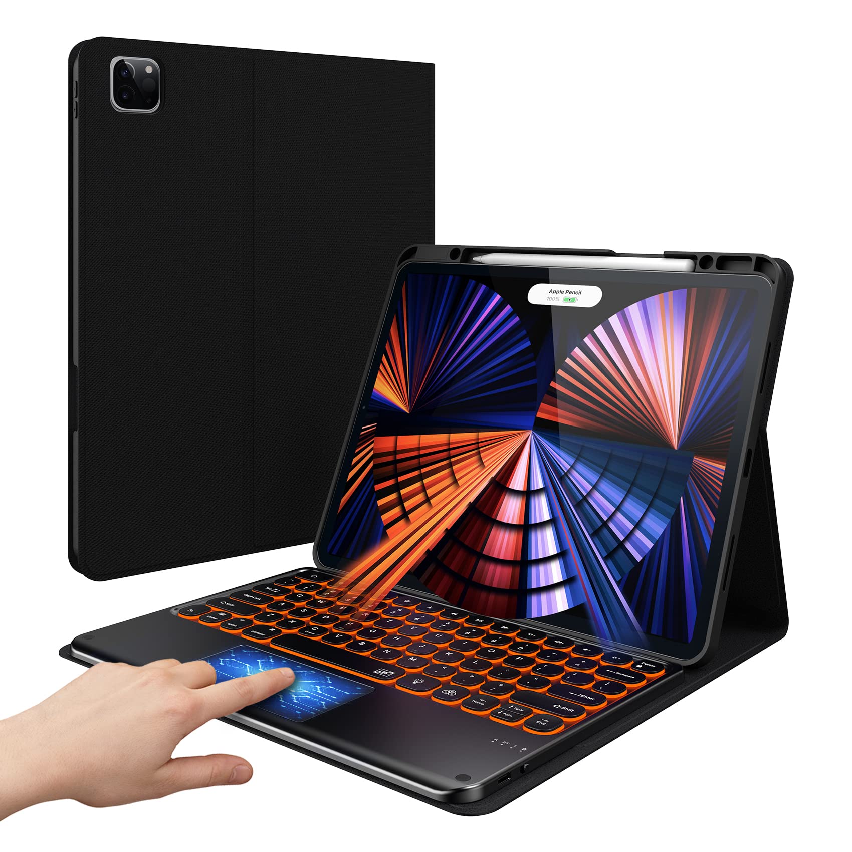 Ultra Slim iPad Pro 12.9 Case with Backlit Keyboard & Trackpad (2021/5th/4th/3rd Gen) - Lightweight Protective Folio Cover with Apple Pencil Holder | Perfect for Work, Travel & Study (Black)