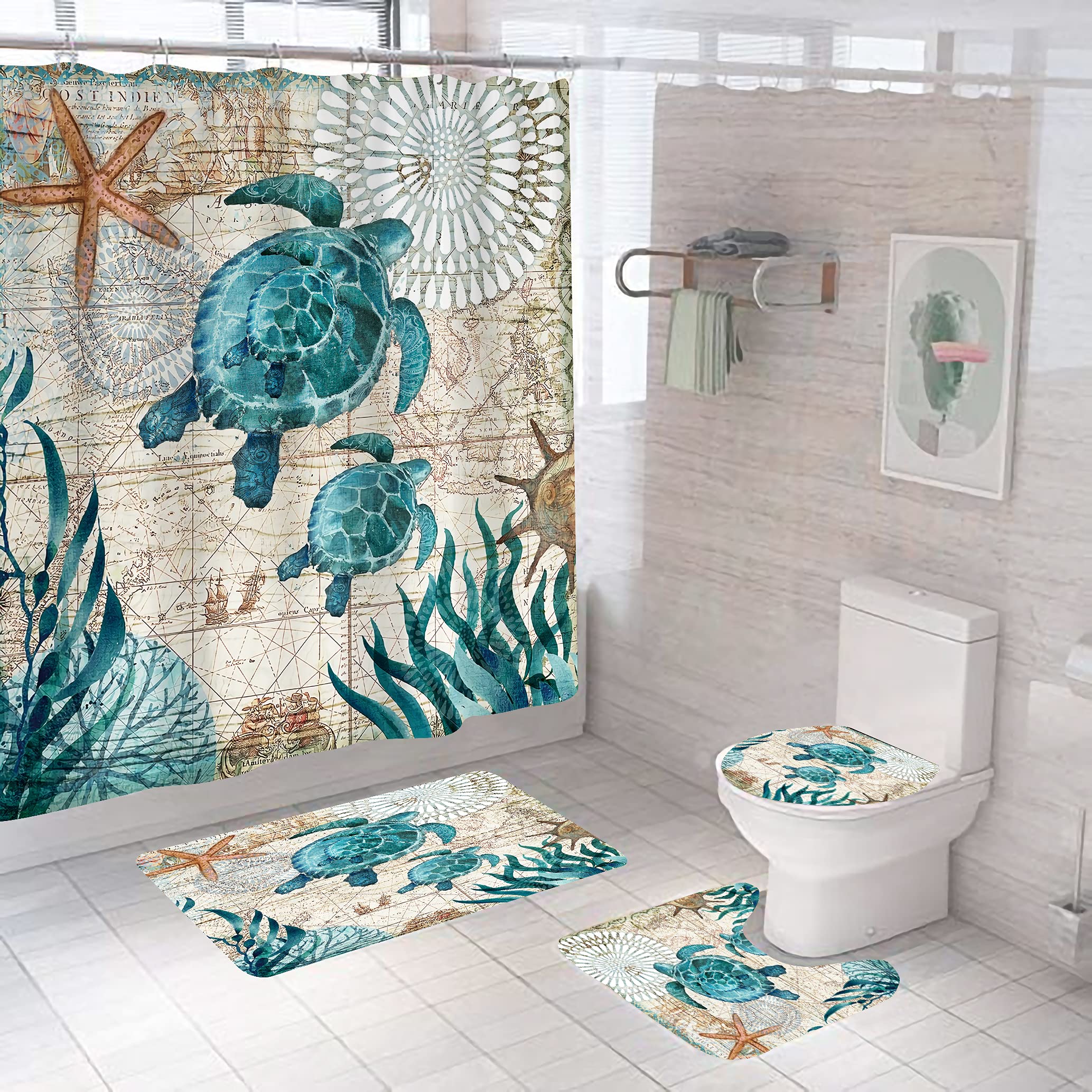 Nautical Blue Sea Turtle Bathroom Set - Waterproof Shower Curtain with 12 Hooks, Bath Mat & Accessories | Coastal Bathroom Decor for Beach House or Ocean Theme | Durable Fabric Bathroom Essentials